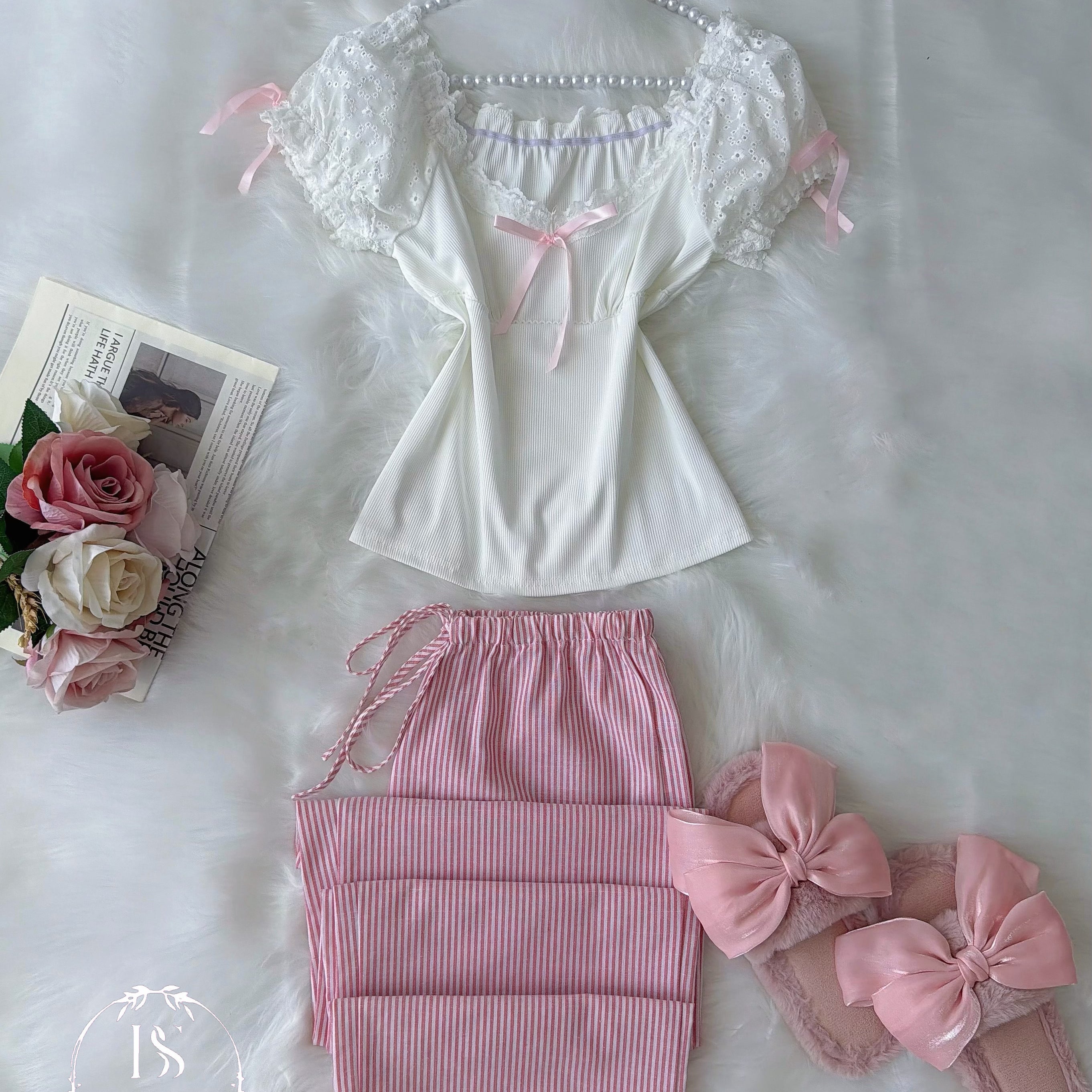 White Pink Stripped Pajama Half Sleeve