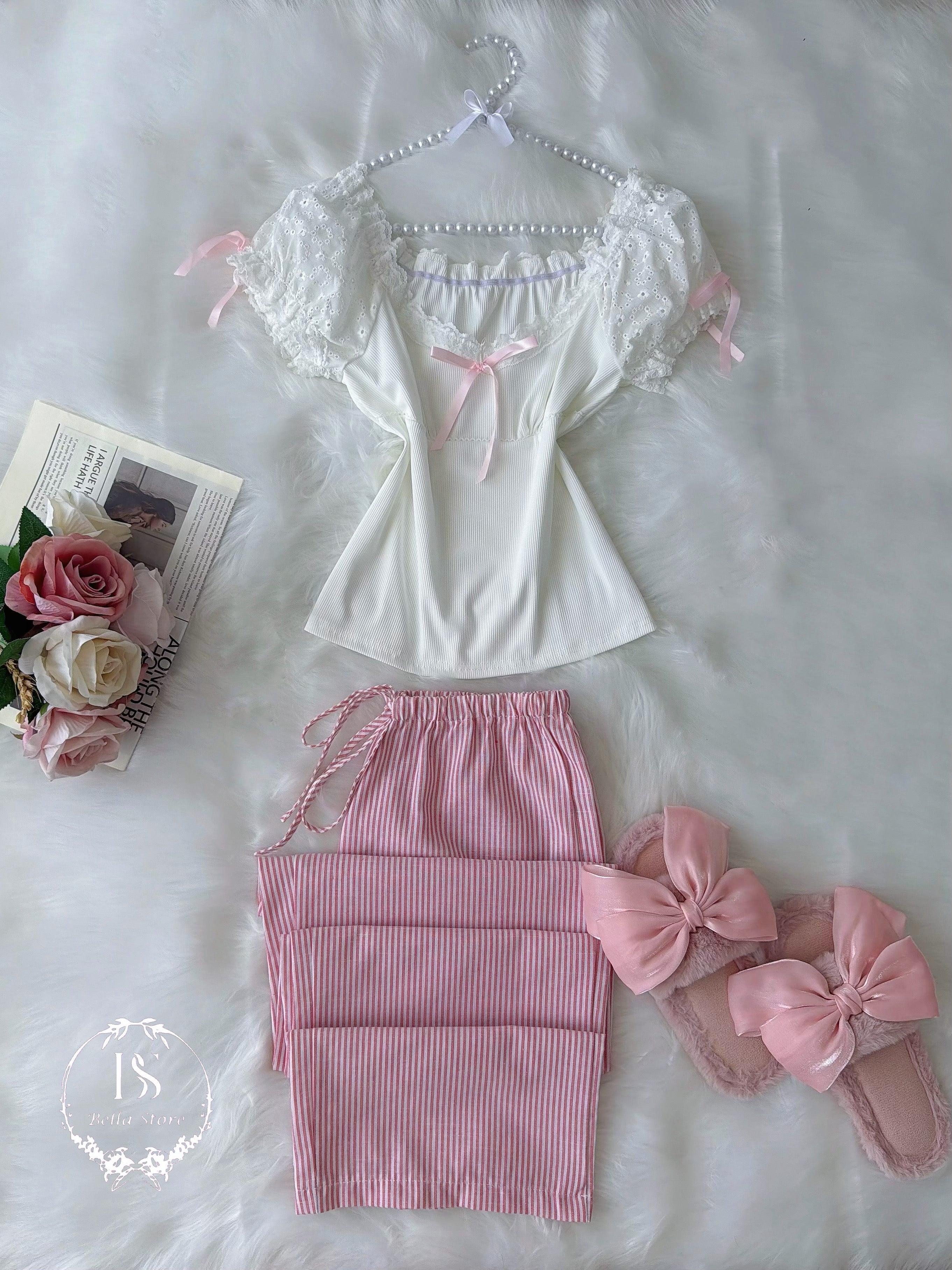 White Pink Stripped Pajama Half Sleeve