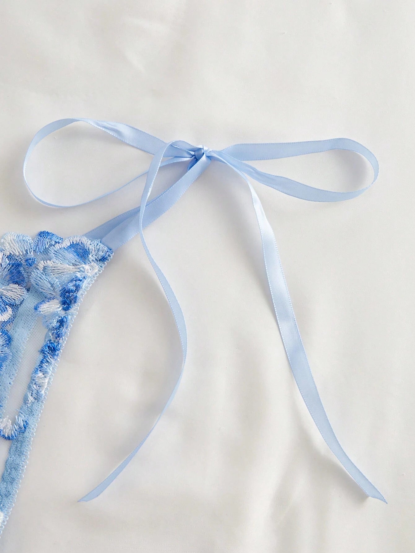 Style Dream 2pcs Women Cool Light Blue Flower Embroidered Mesh Sheer Lace-Up Lingerie Set, Intimate Apparel For Valentine's Day, Kawaii Ultra Thin Bra
