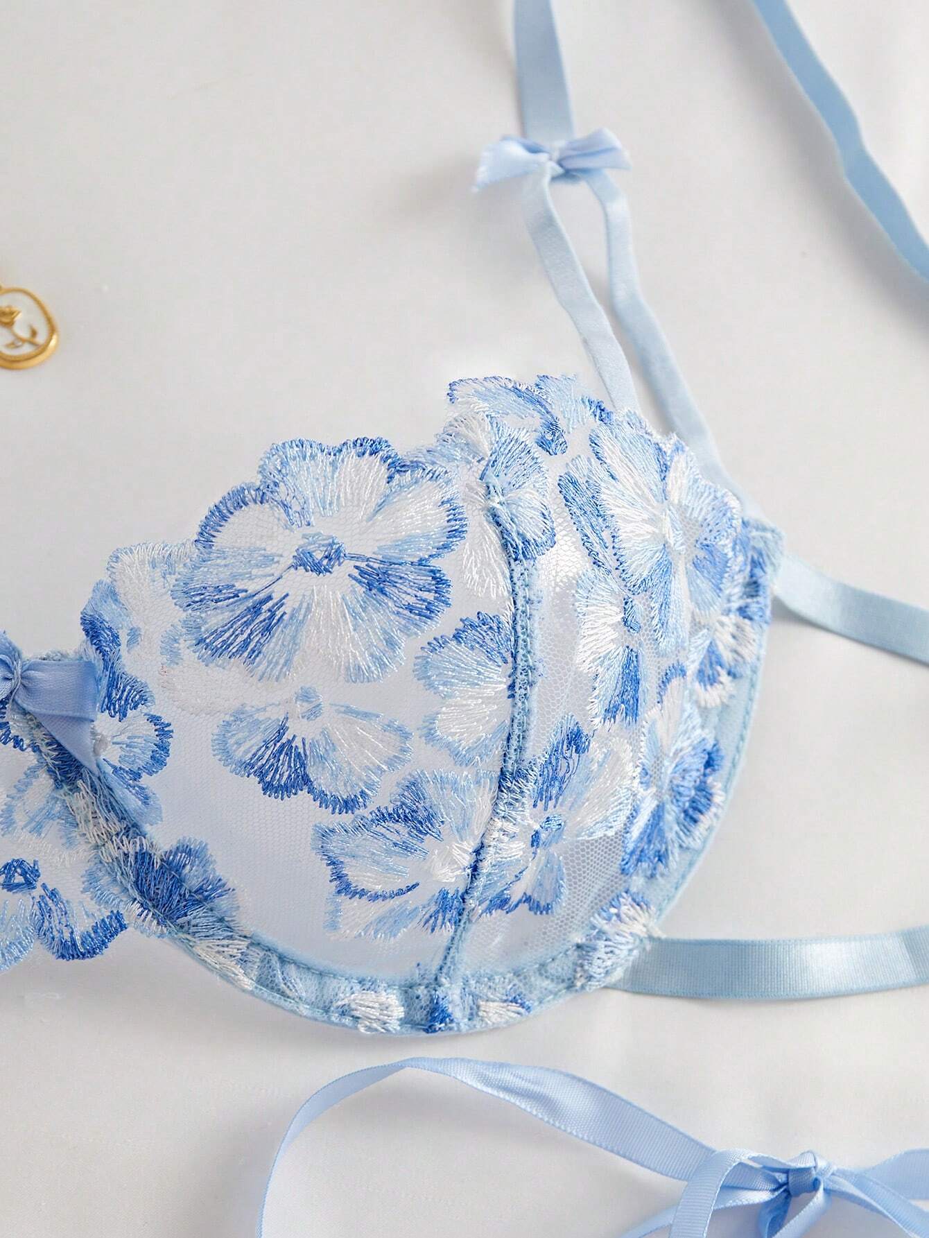 Style Dream 2pcs Women Cool Light Blue Flower Embroidered Mesh Sheer Lace-Up Lingerie Set, Intimate Apparel For Valentine's Day, Kawaii Ultra Thin Bra