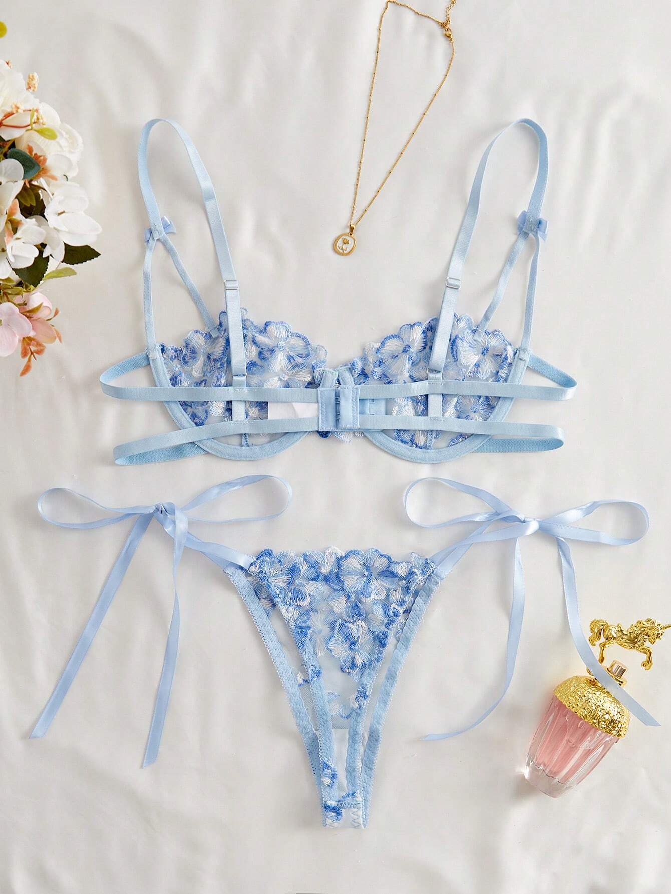 Style Dream 2pcs Women Cool Light Blue Flower Embroidered Mesh Sheer Lace-Up Lingerie Set, Intimate Apparel For Valentine's Day, Kawaii Ultra Thin Bra