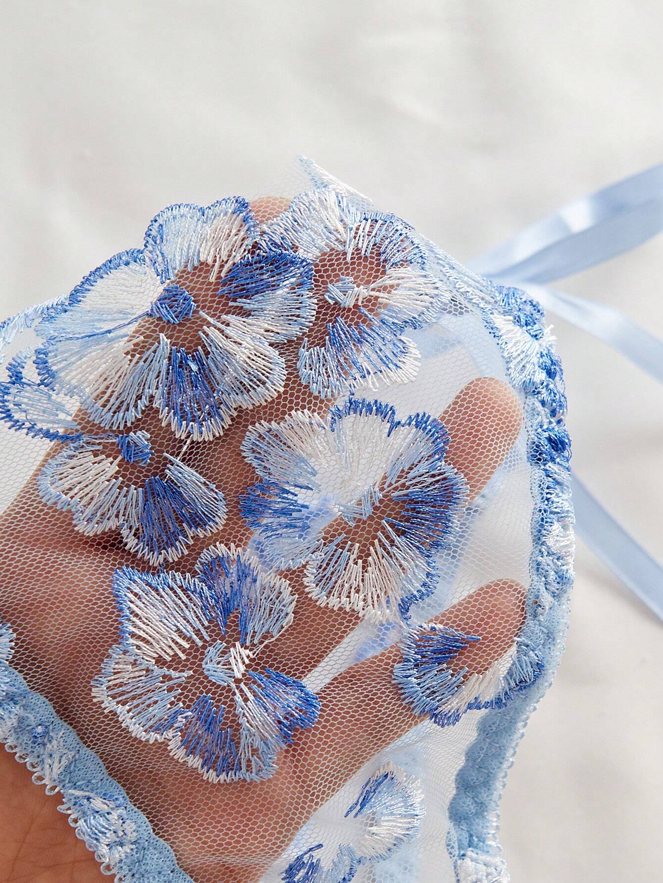Style Dream 2pcs Women Cool Light Blue Flower Embroidered Mesh Sheer Lace-Up Lingerie Set, Intimate Apparel For Valentine's Day, Kawaii Ultra Thin Bra