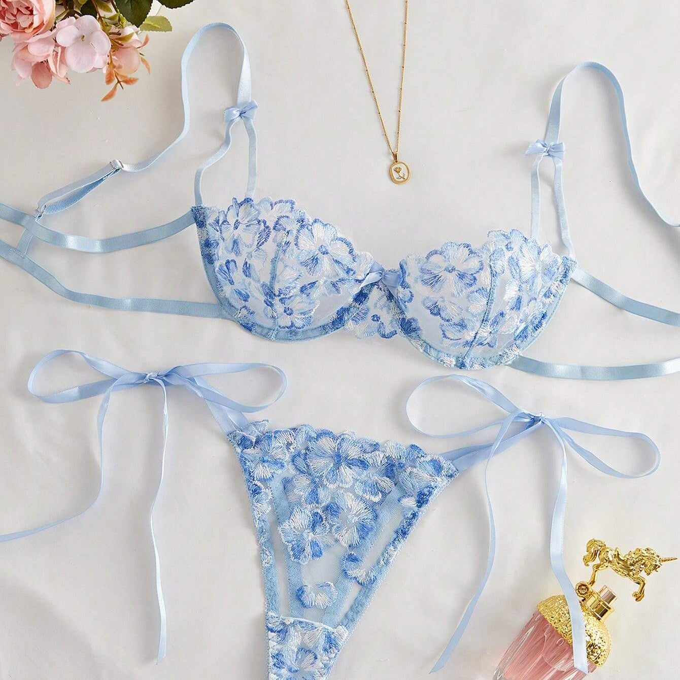 Style Dream 2pcs Women Cool Light Blue Flower Embroidered Mesh Sheer Lace-Up Lingerie Set, Intimate Apparel For Valentine's Day, Kawaii Ultra Thin Bra