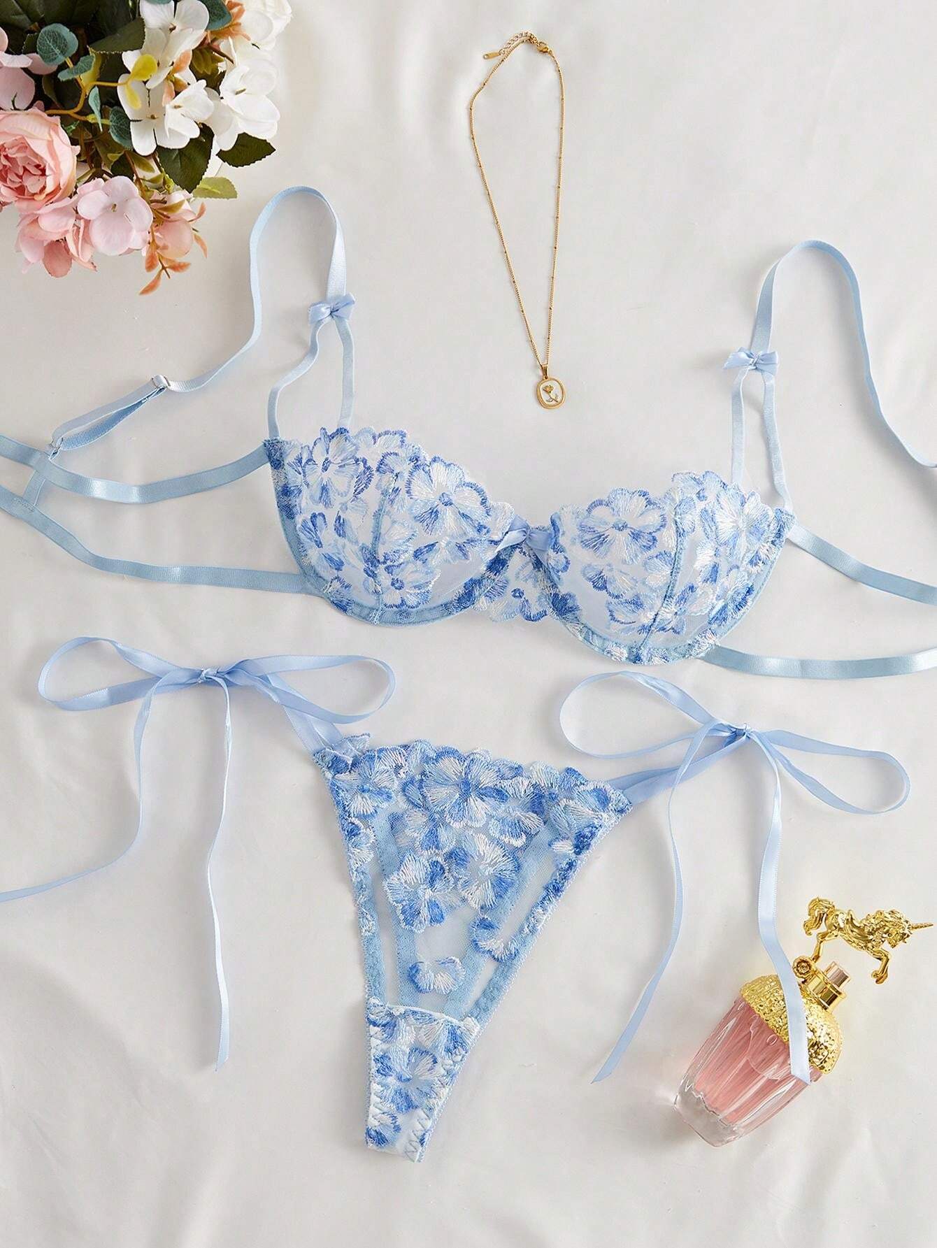 Style Dream 2pcs Women Cool Light Blue Flower Embroidered Mesh Sheer Lace-Up Lingerie Set, Intimate Apparel For Valentine's Day, Kawaii Ultra Thin Bra