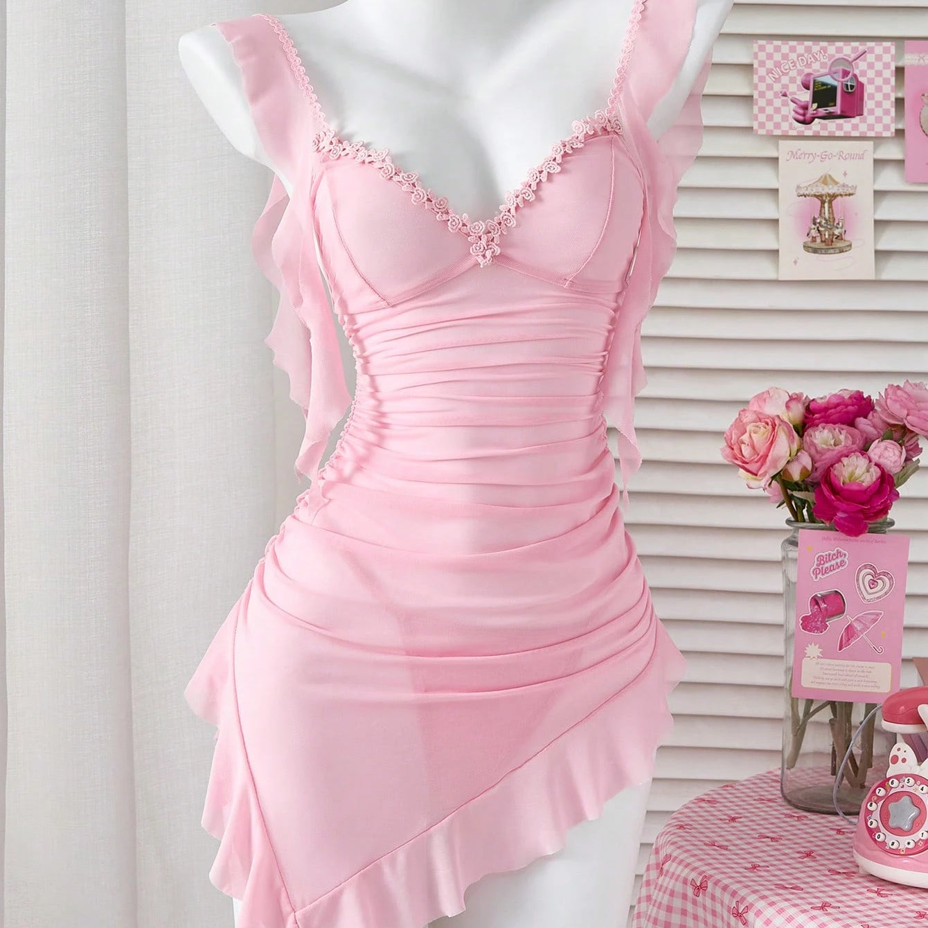 PetitDoll 2-Piece Set: Pleated Asymmetrical Net Mini Skirt For Going Out