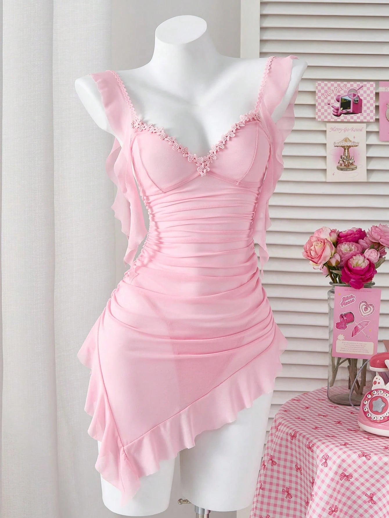 PetitDoll 2-Piece Set: Pleated Asymmetrical Net Mini Skirt For Going Out