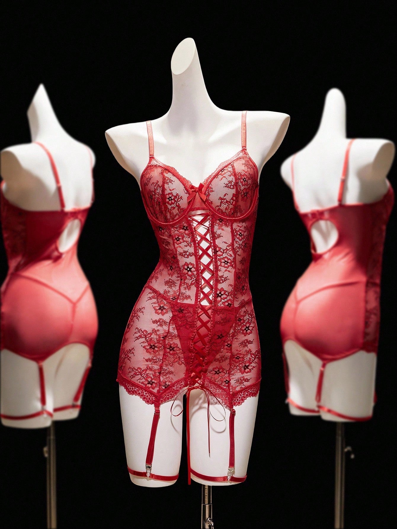 4pcs Sexy Lace Mesh Garter Suspender Belt & Thong & Dress Lingerie Set, Going Out