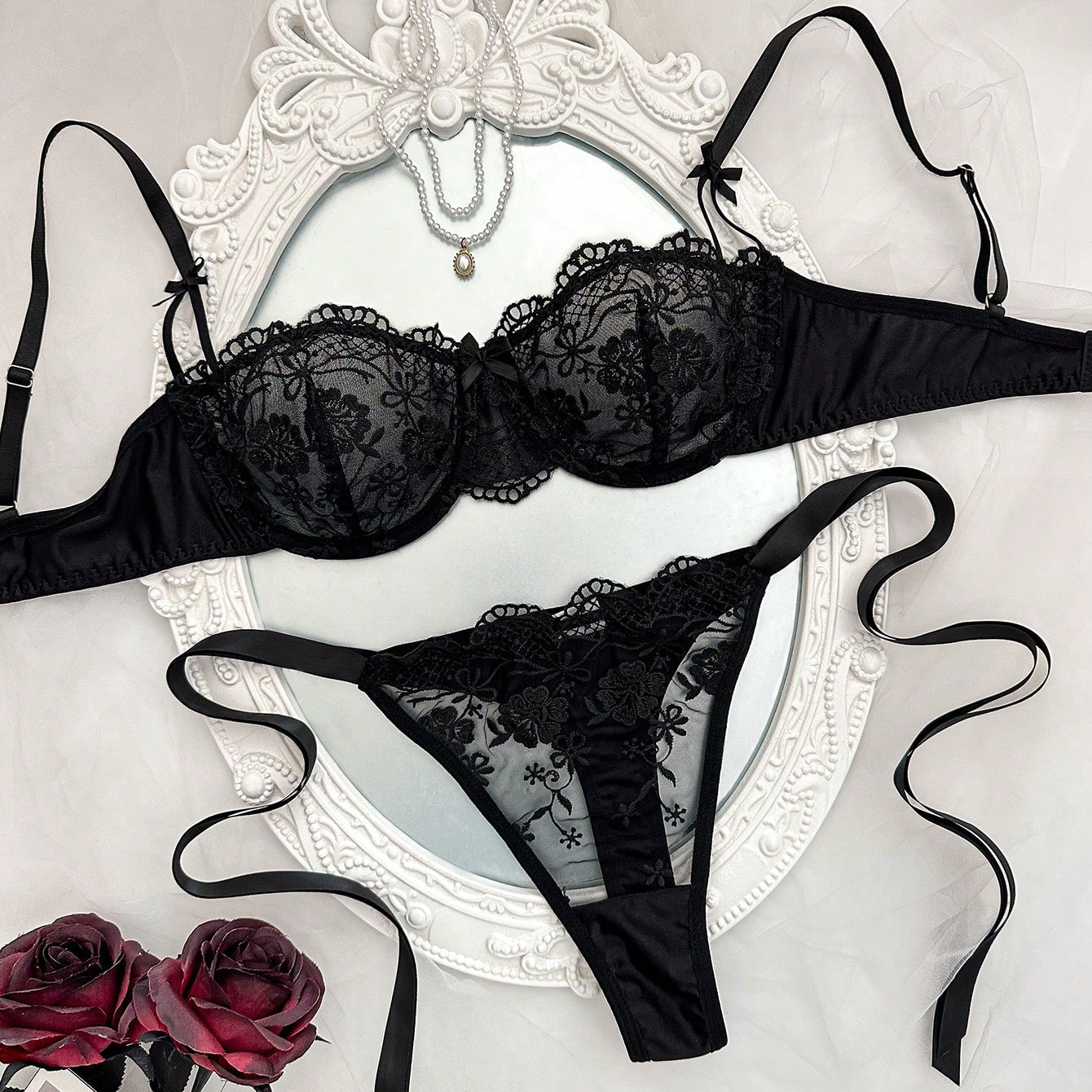 Snug Zone 2pcs Women Lace Patchwork Sheer Twist Sexy Lingerie Set
