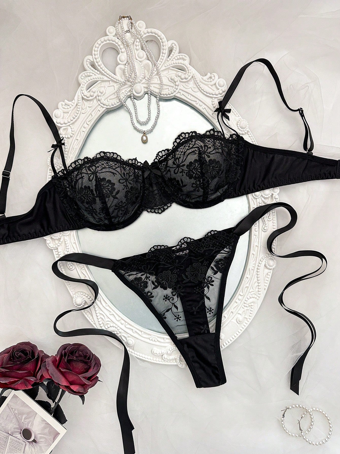 Snug Zone 2pcs Women Lace Patchwork Sheer Twist Sexy Lingerie Set