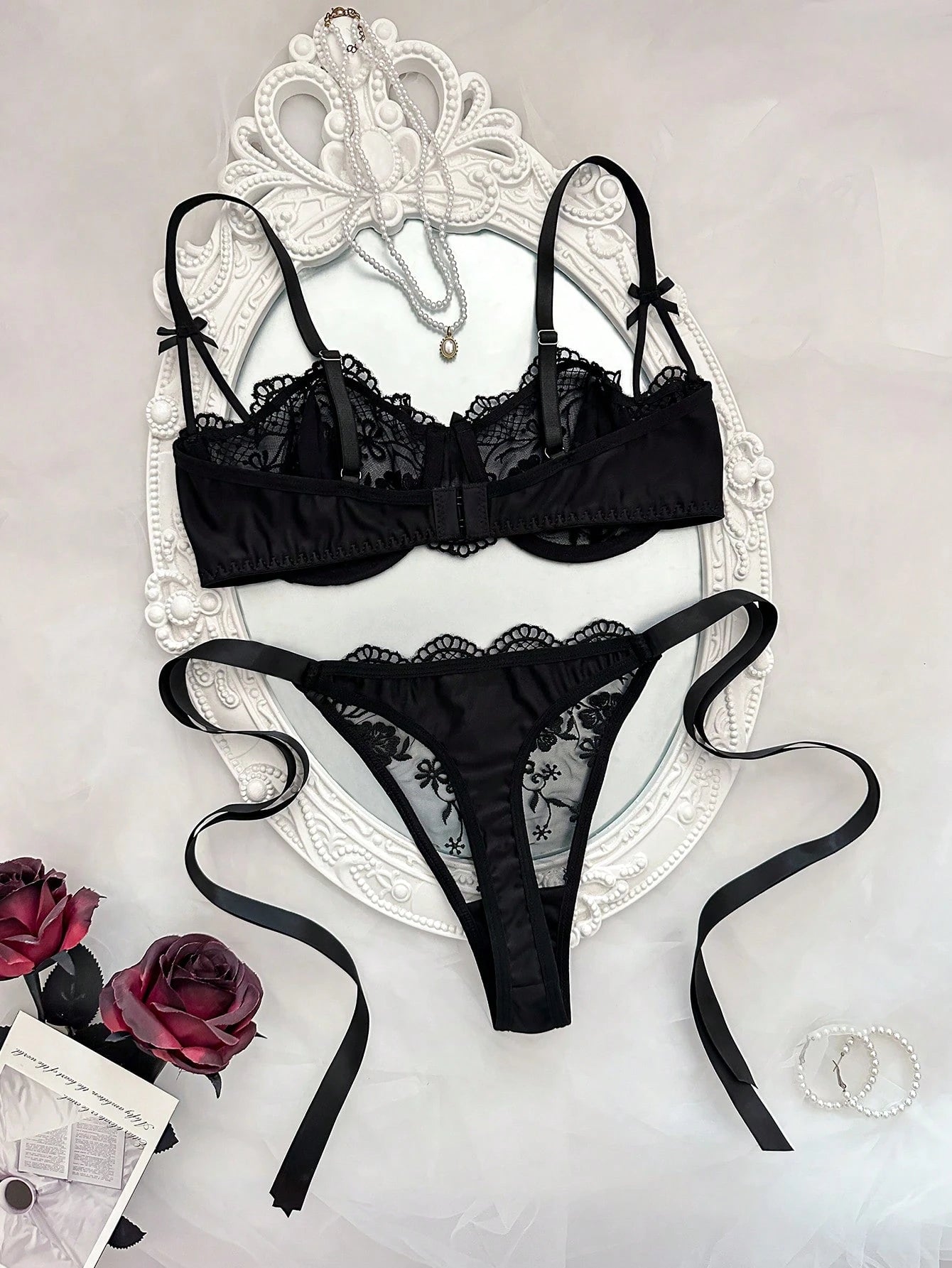 Snug Zone 2pcs Women Lace Patchwork Sheer Twist Sexy Lingerie Set