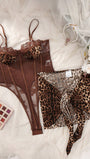 2pcs Lace Up Bodysuit & Mini Skirt Sexy Set, Going Out Leopard Print Lingerie - Bella Store