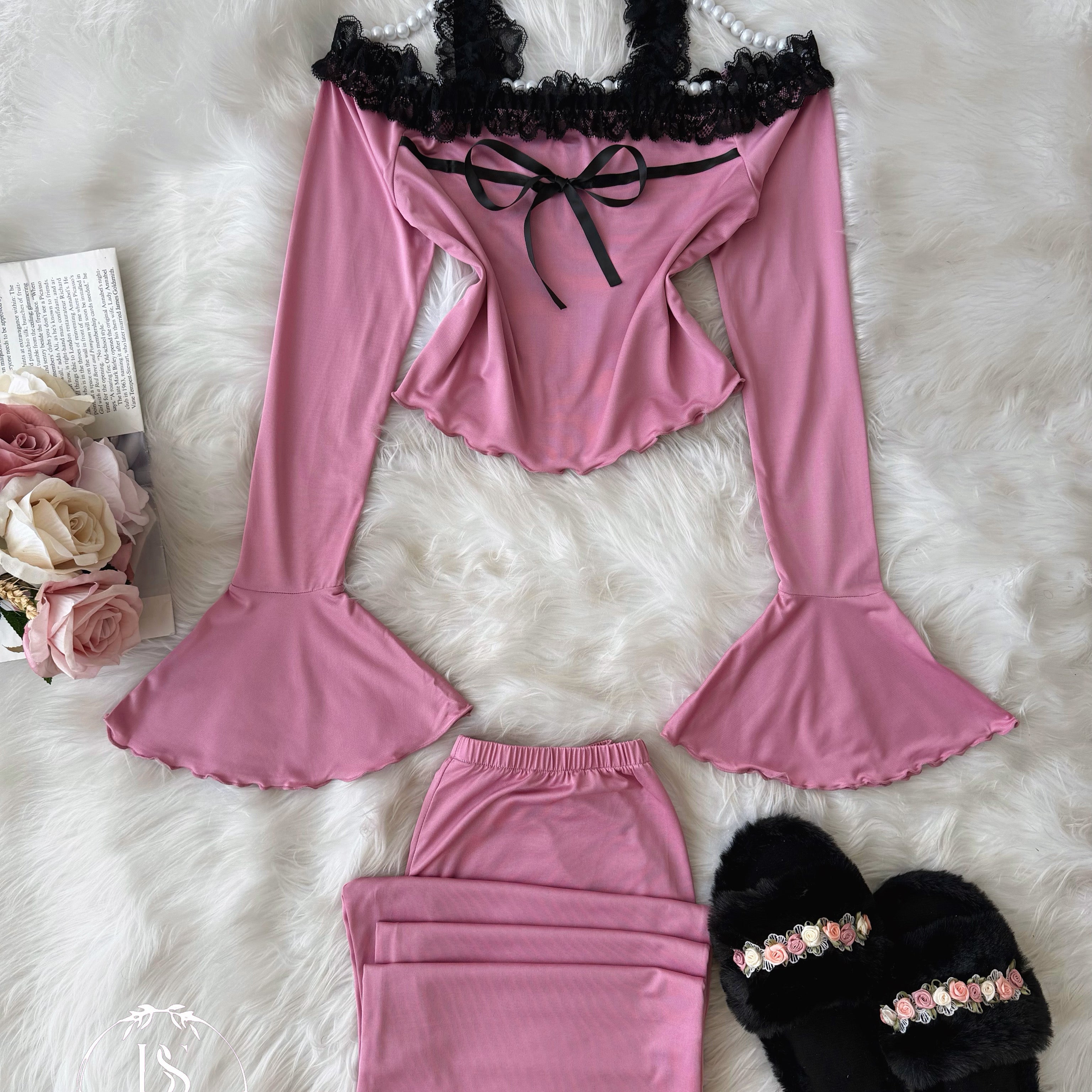Pink Black Dantel Bow