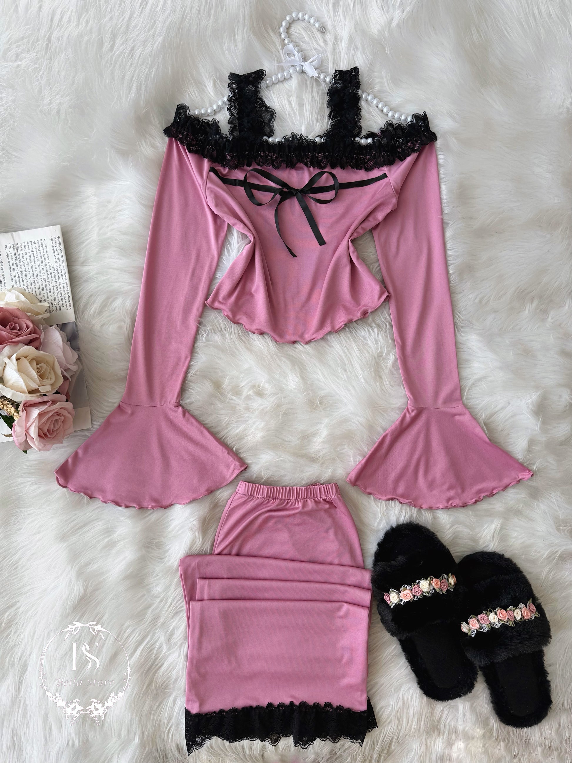 Pink Black Dantel Bow
