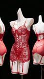 4pcs Sexy Lace Mesh Garter Suspender Belt & Thong & Dress Lingerie Set, Going Out - Bella Store