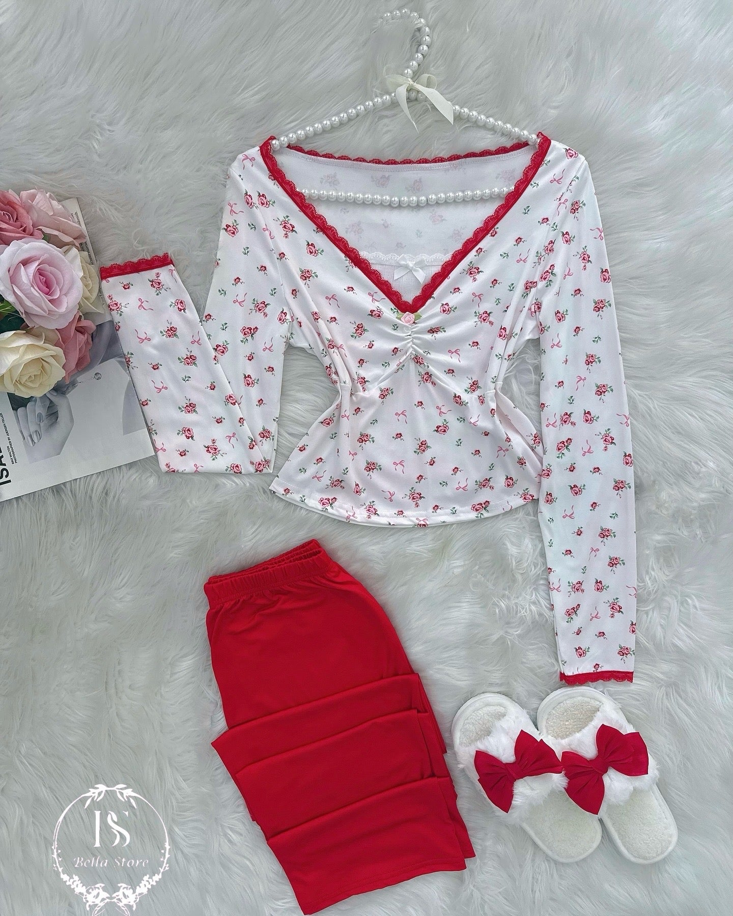 White Small Flower Red Pijama