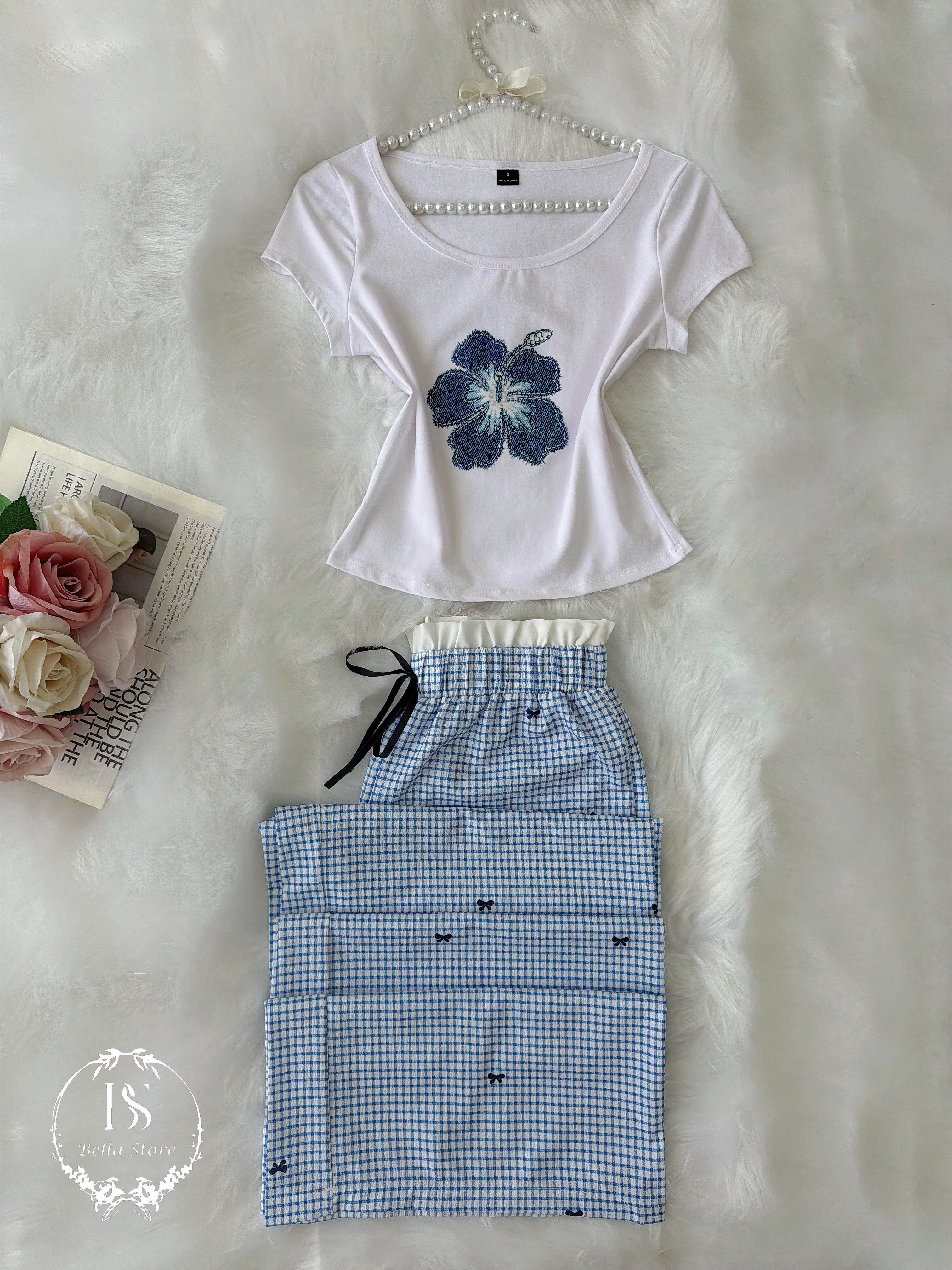 White Blue Flower Half Sleeve
