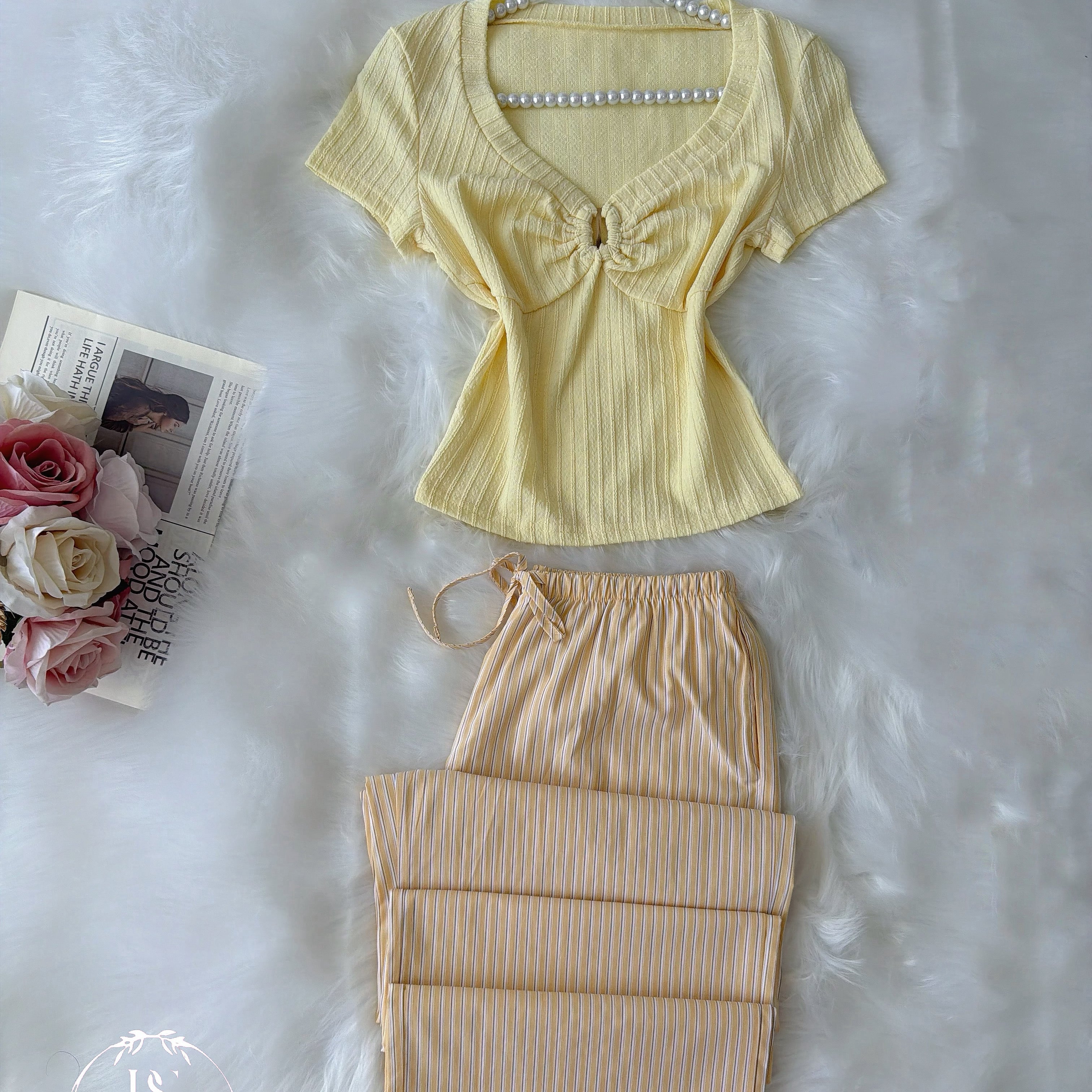 Yellow Stripped Pajama Half Sleeve