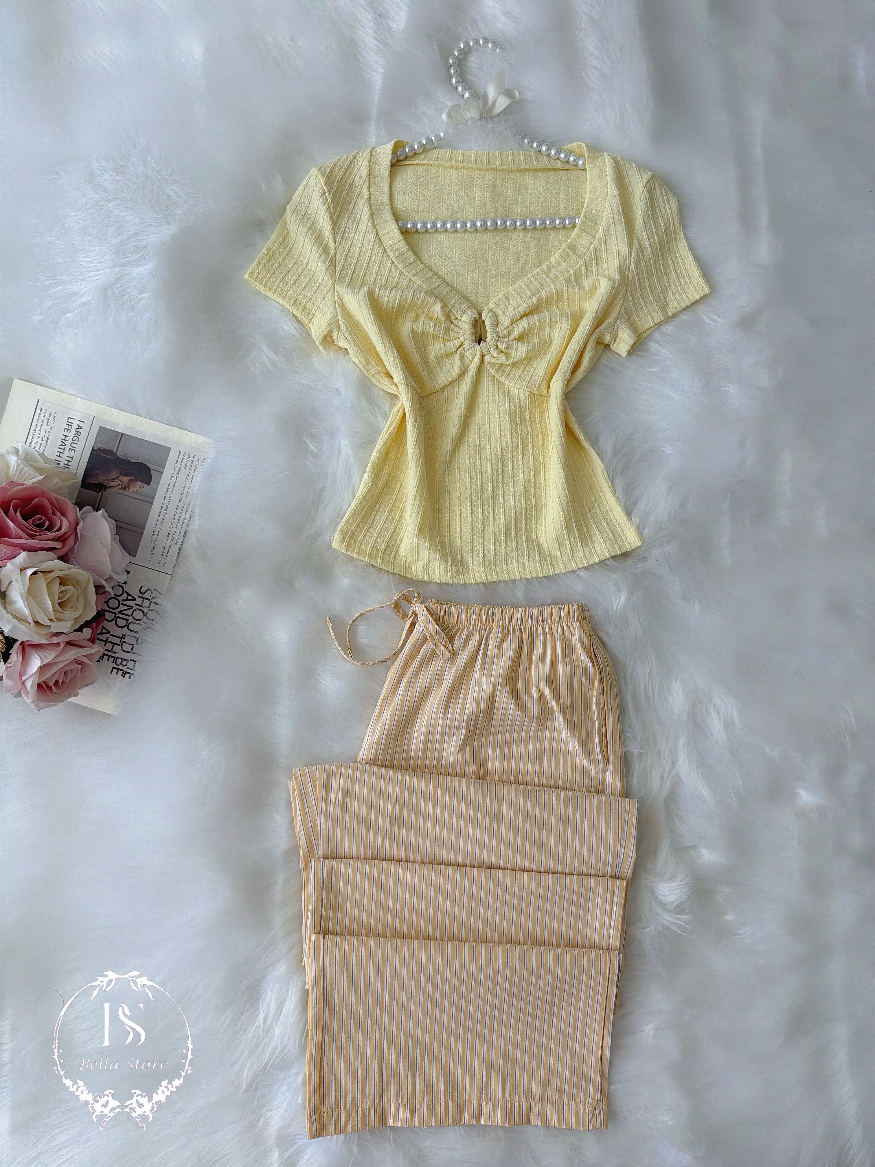 Yellow Stripped Pajama Half Sleeve