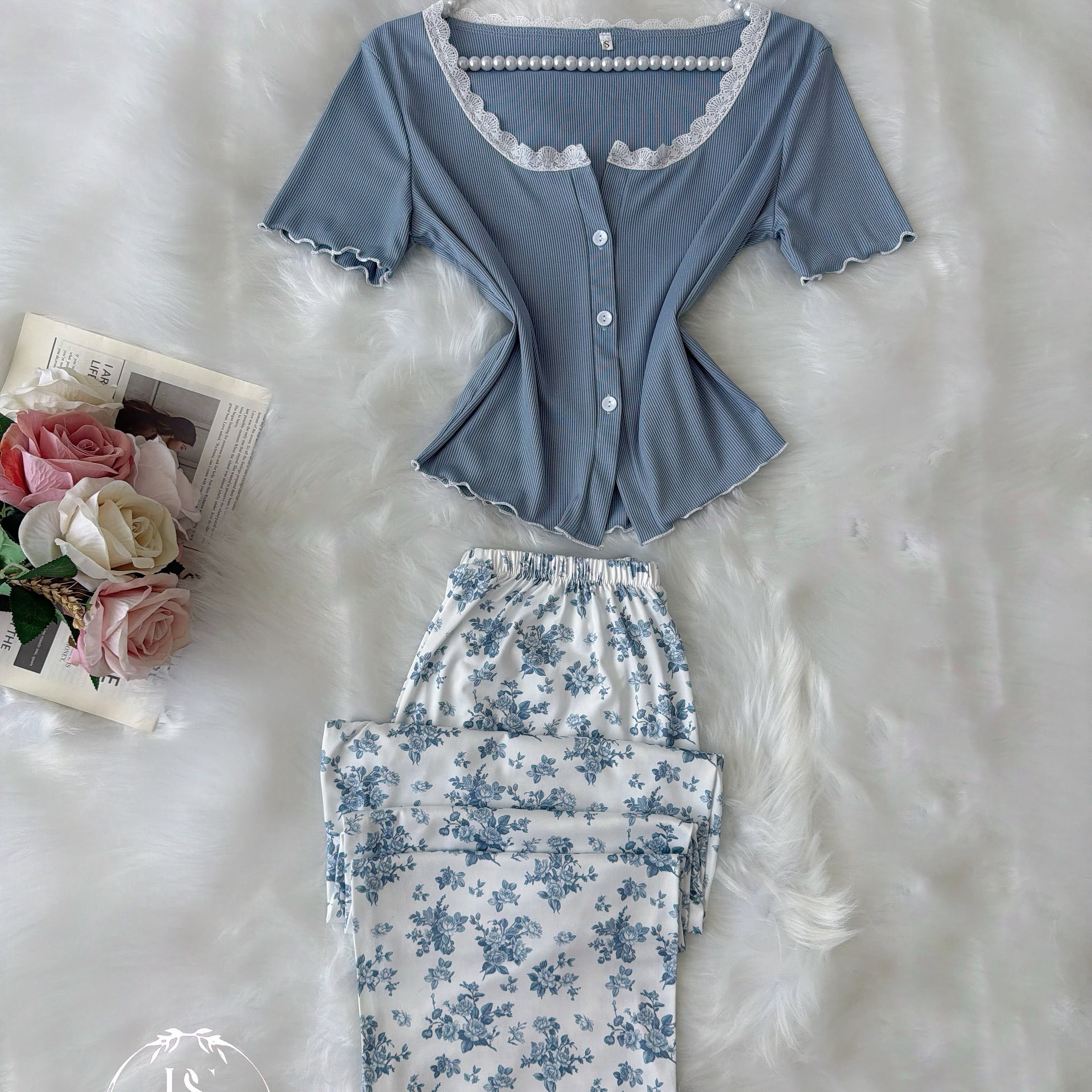 Blue White Pijama Half Sleeve