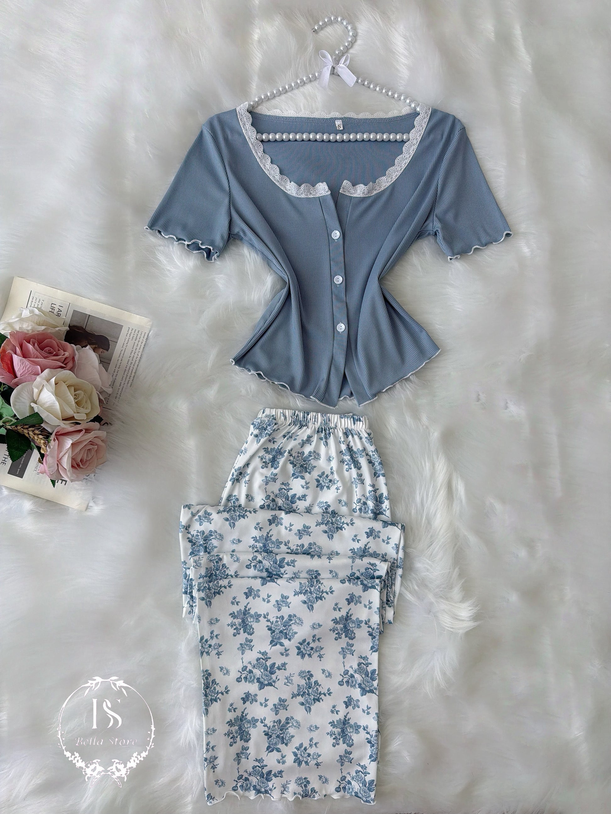 Blue White Pijama Half Sleeve