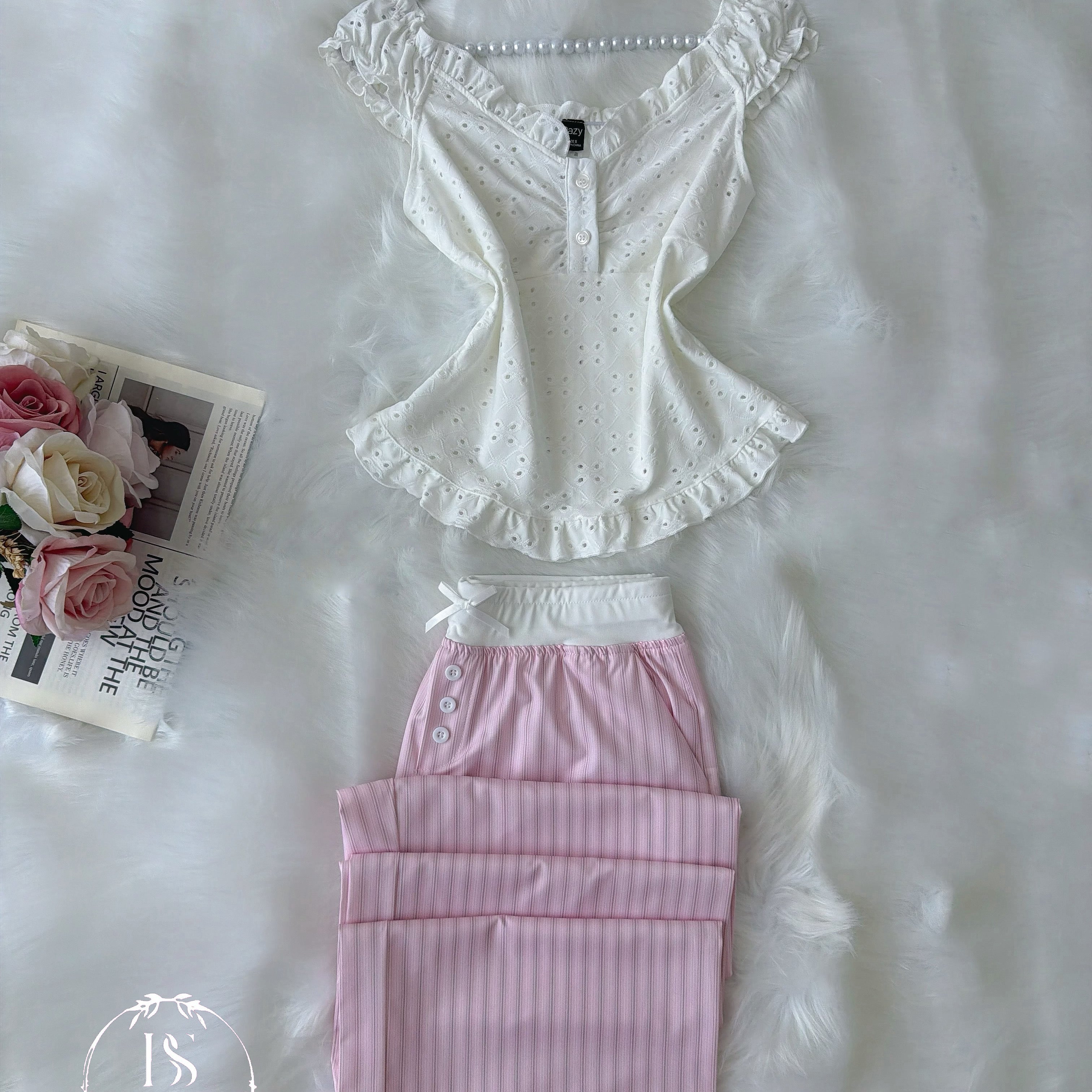 White Pink Pajama Without Sleeve