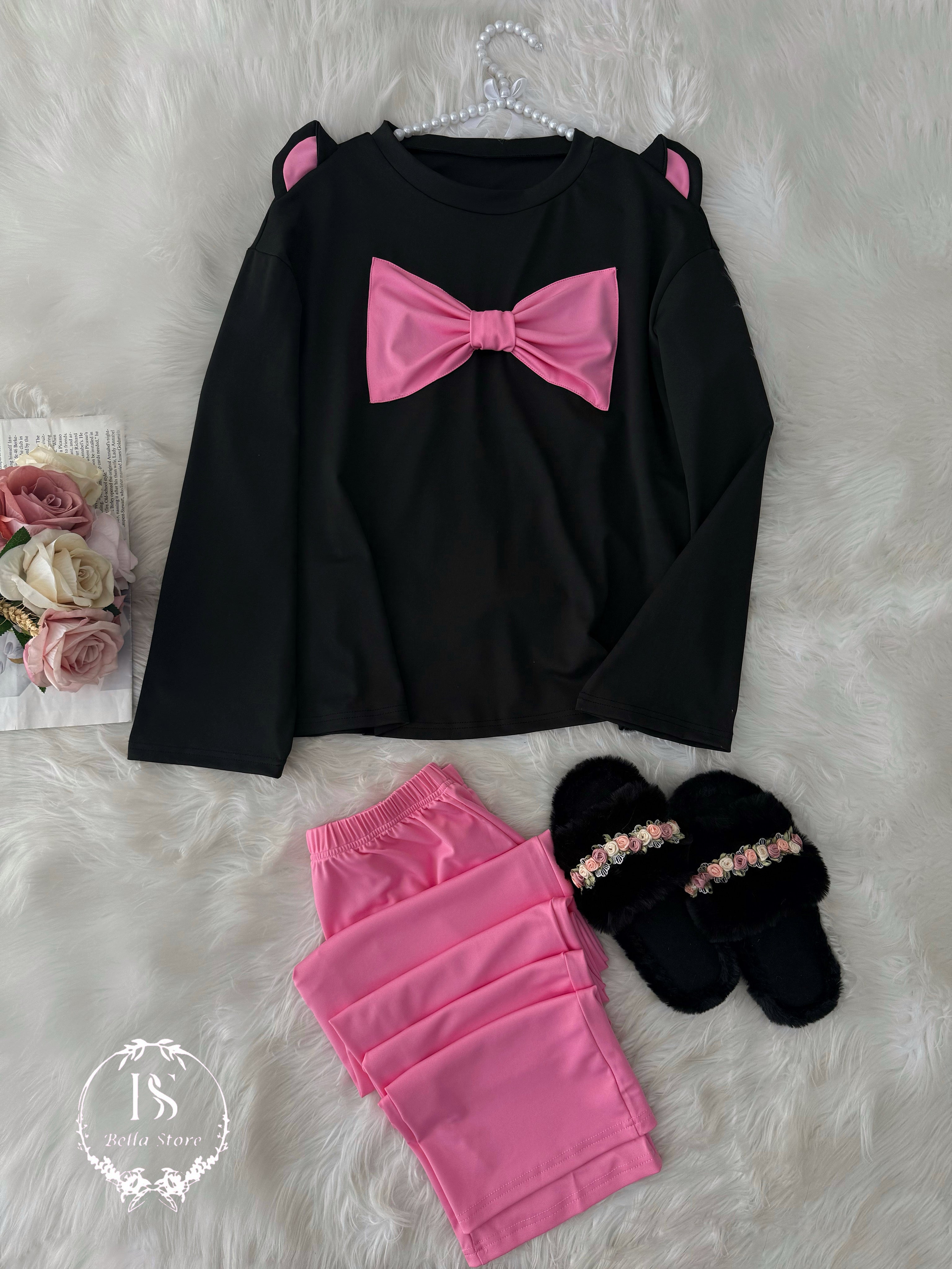 Black Pink Bow Cat