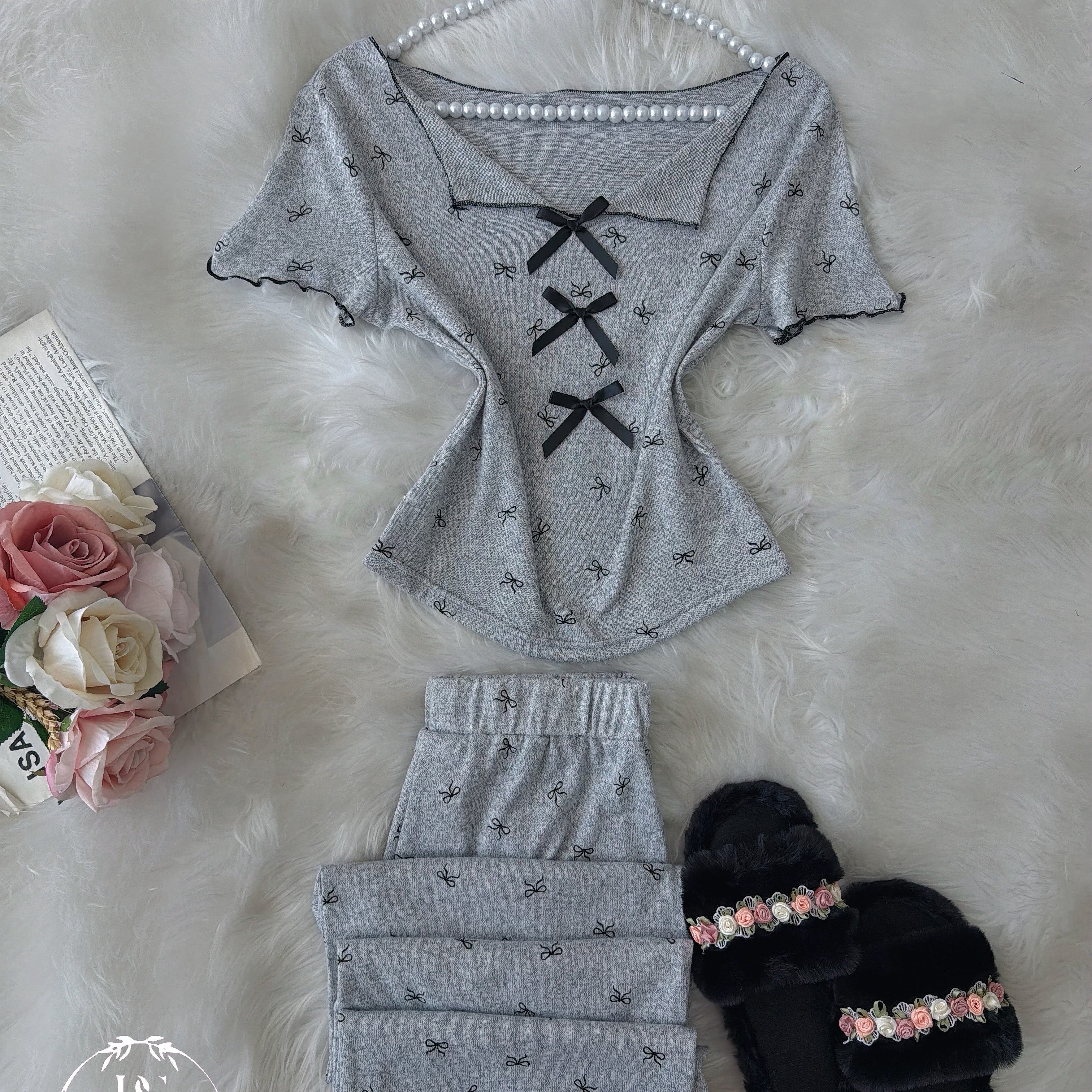 Grey Three Black Bow Half Sleeve
