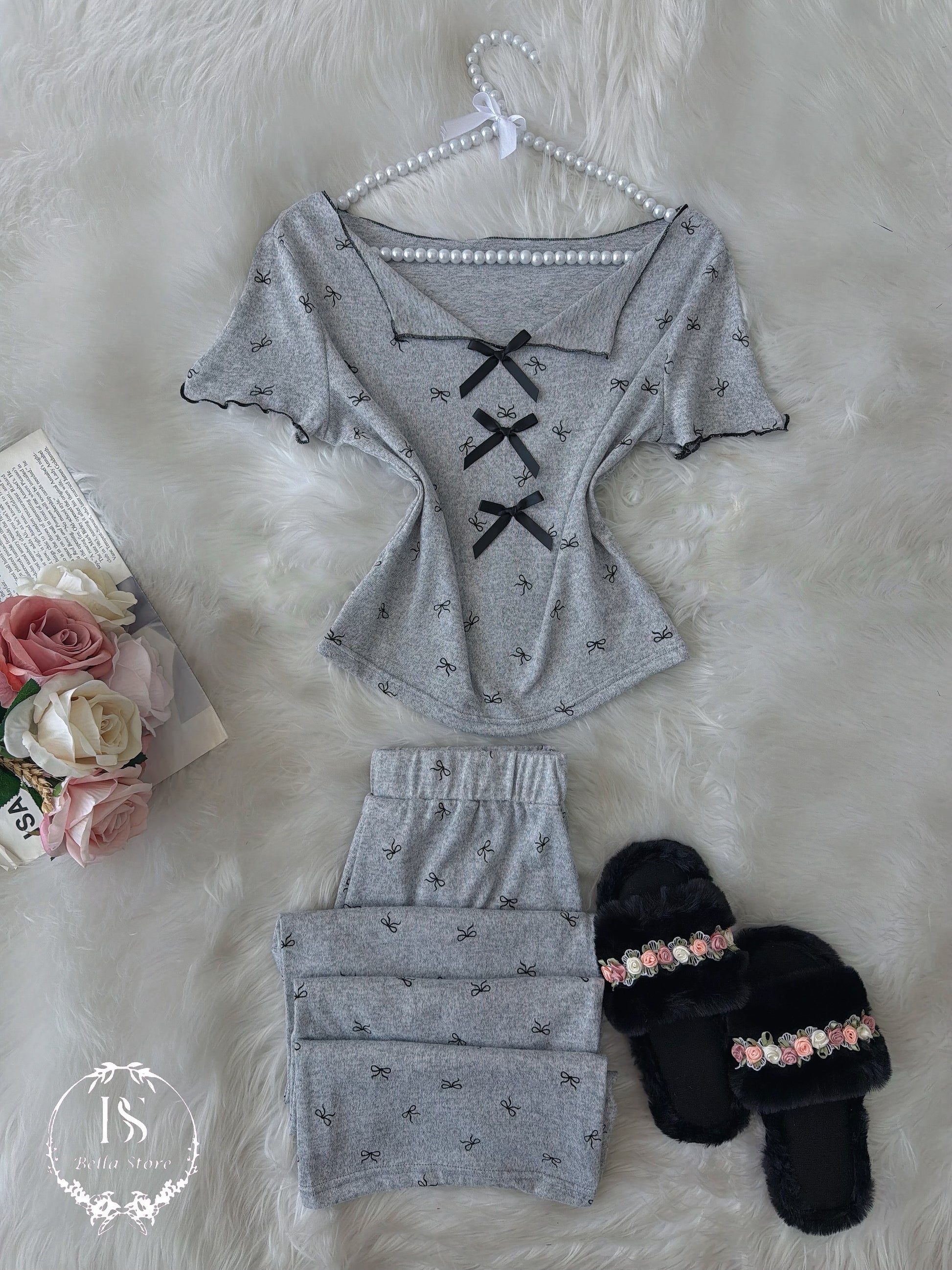 Grey Three Black Bow Half Sleeve