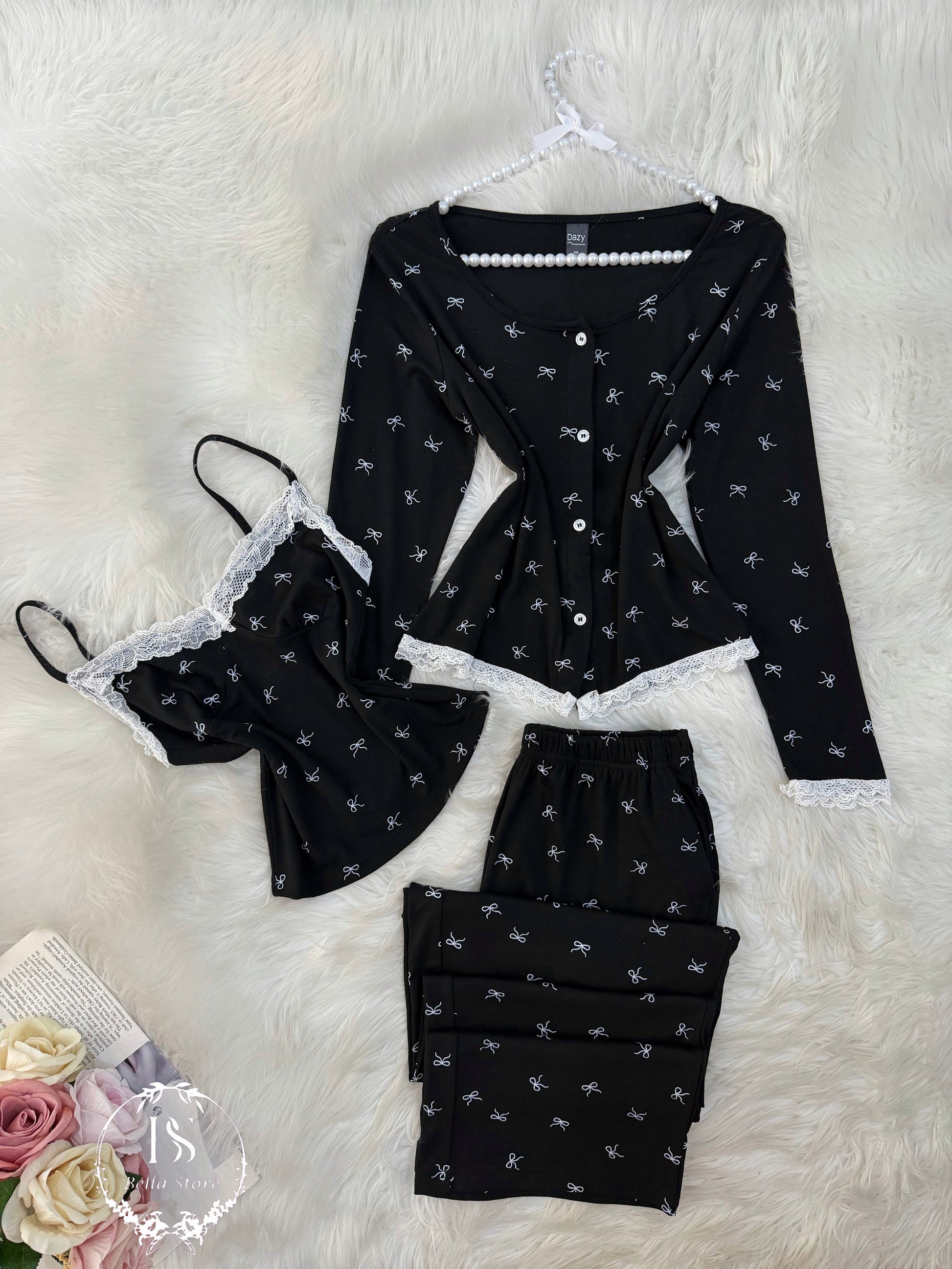 Black Small White Bow 3 Pieces - Bella Store
