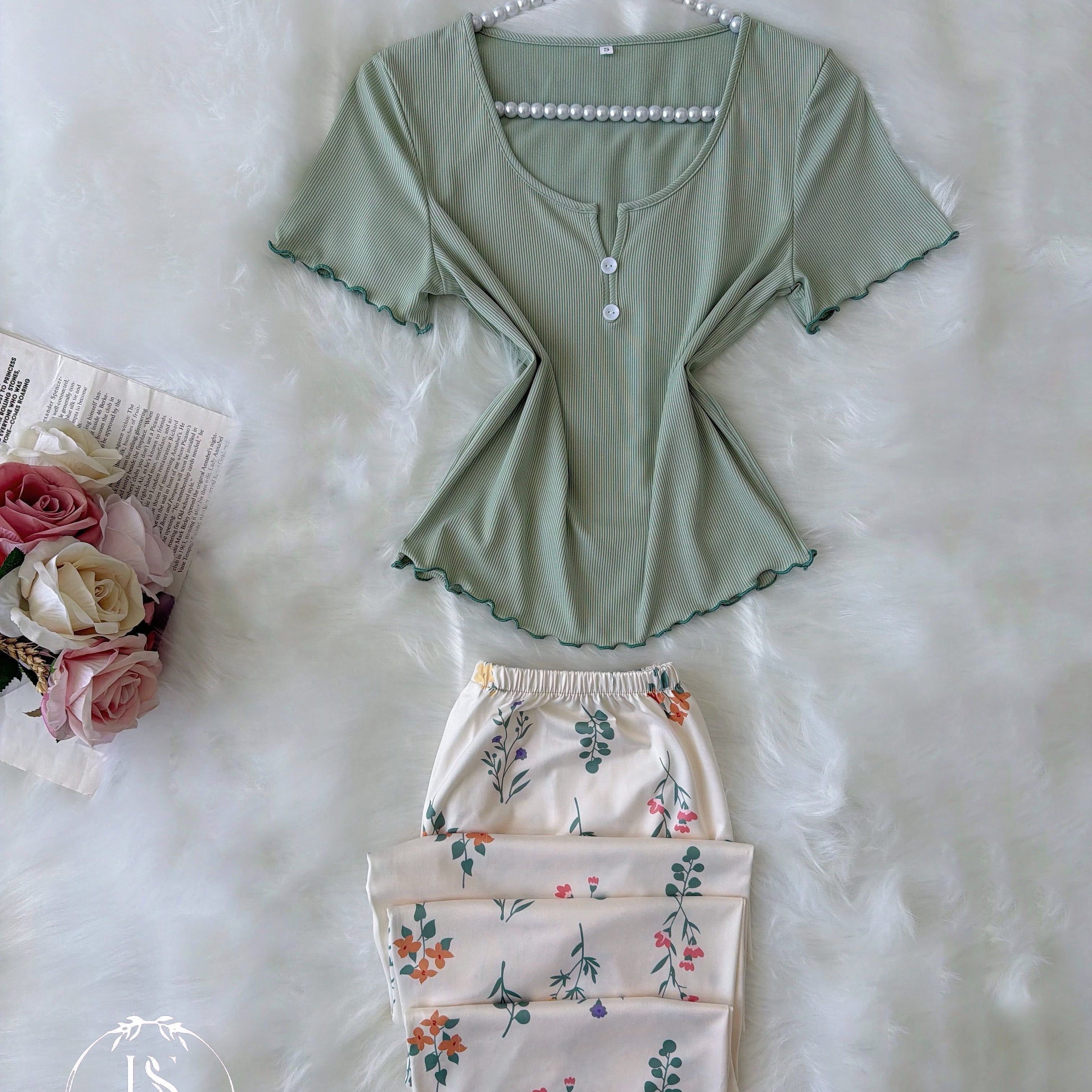 Green Small Flower Pijama Half Sleeve - Bella Store