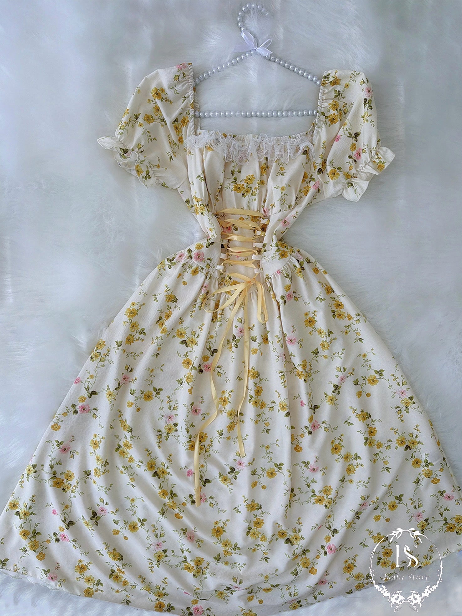 Pastel Yellow Flowers Dress - Bella Store
