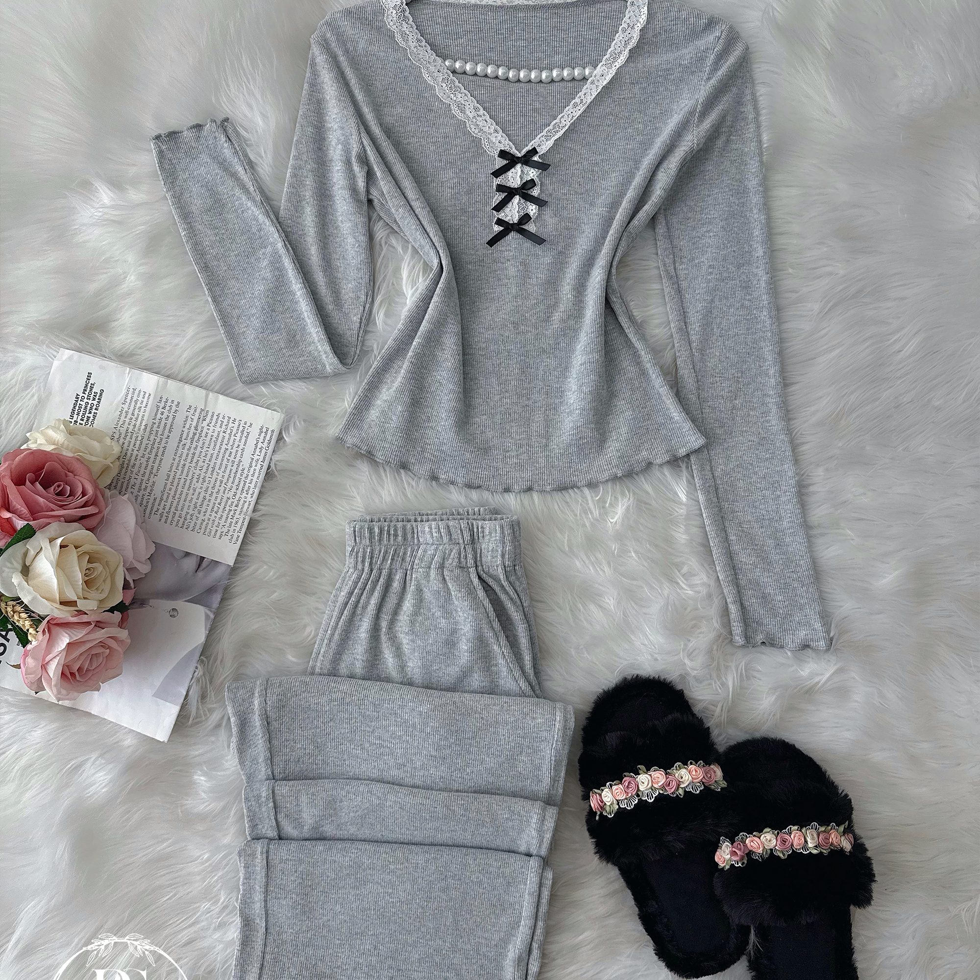 Grey White Tul Three Black Bow