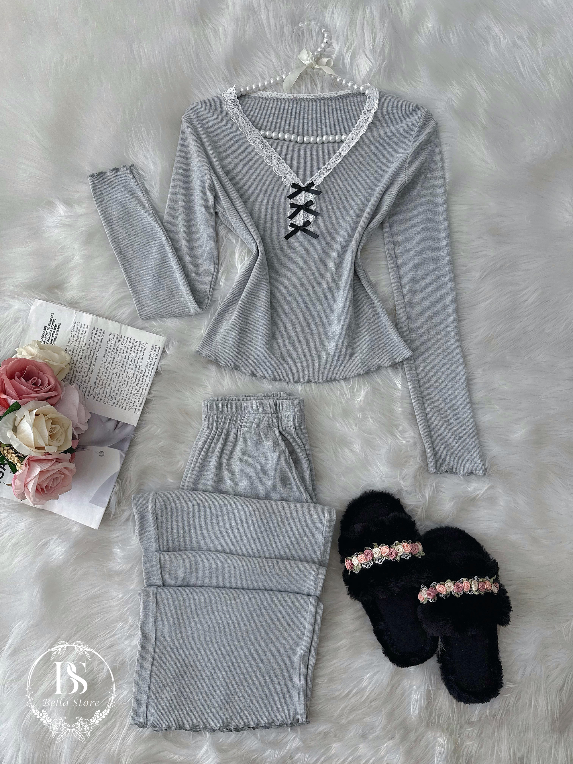 Grey White Tul Three Black Bow