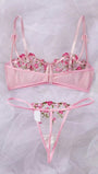 Pink Floral Embroidered Lace Lingerie Set, French Chic Sheer Ultra-Thin Sexy Bra - Bella Store
