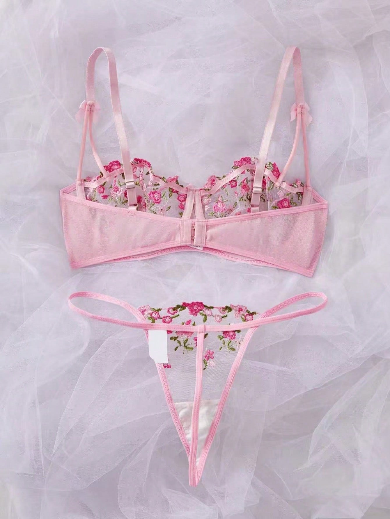 Pink Floral Embroidered Lace Lingerie Set, French Chic Sheer Ultra-Thin Sexy Bra - Bella Store