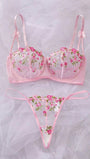 Pink Floral Embroidered Lace Lingerie Set, French Chic Sheer Ultra-Thin Sexy Bra - Bella Store