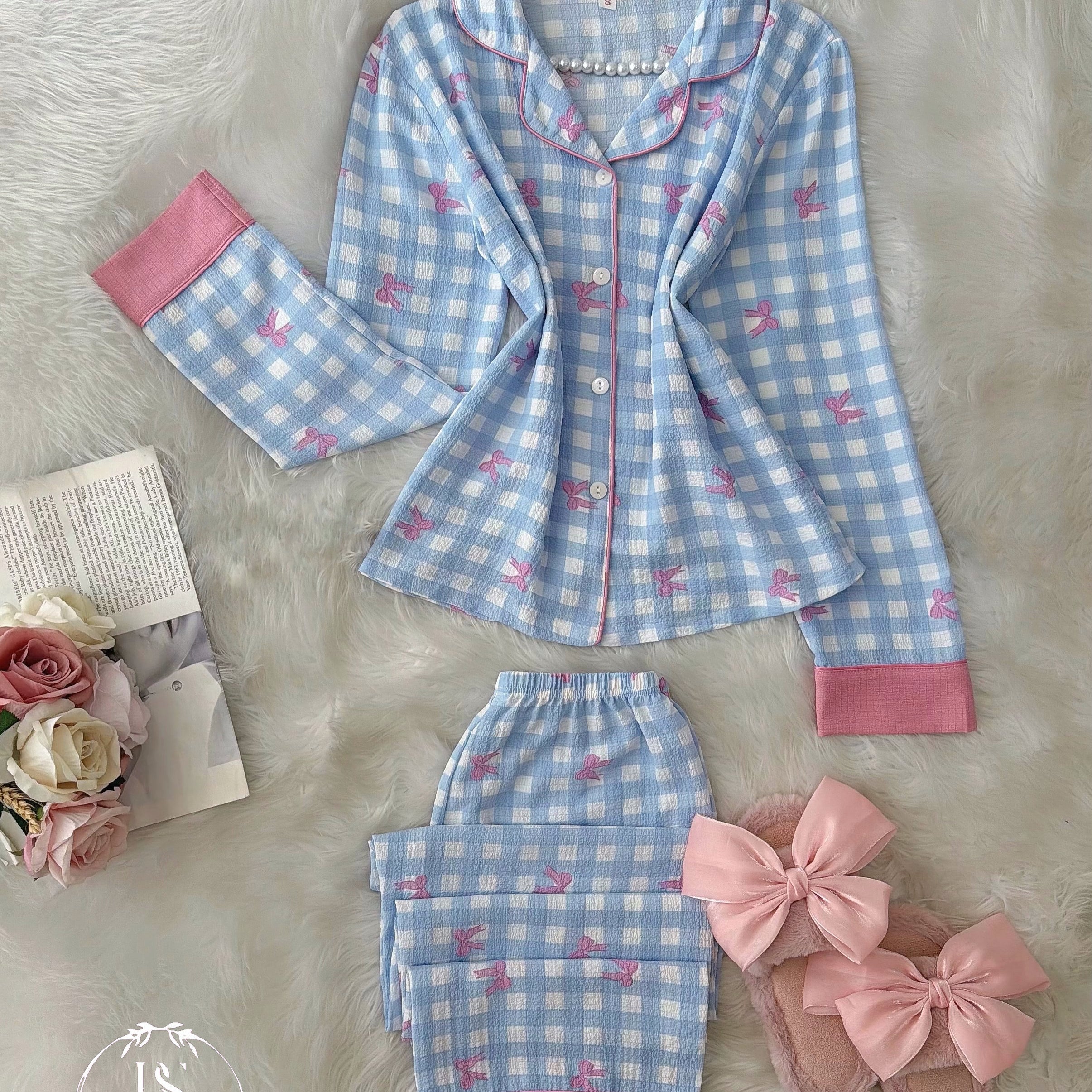 Blue Karohat Small Pink Bow