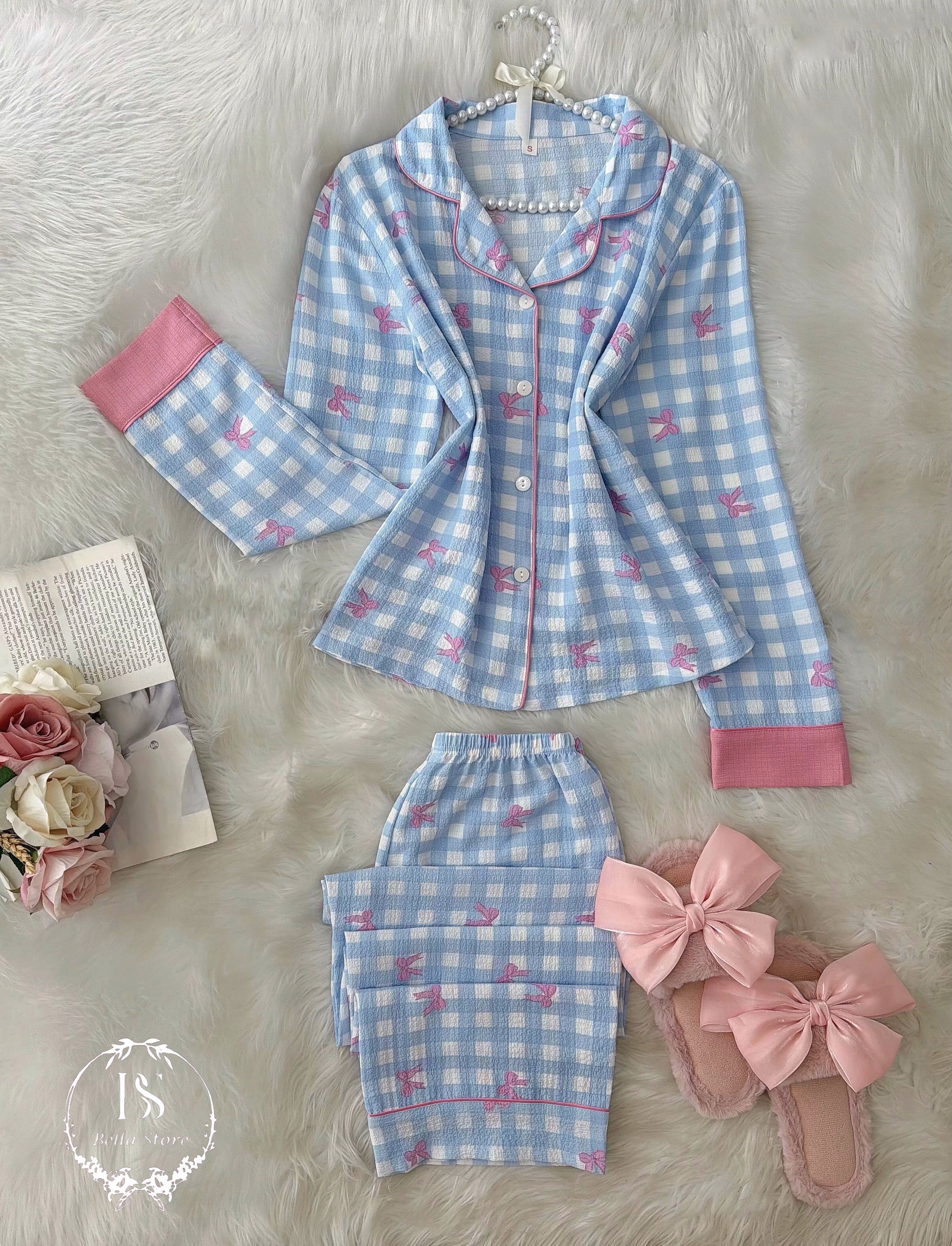 Blue Karohat Small Pink Bow