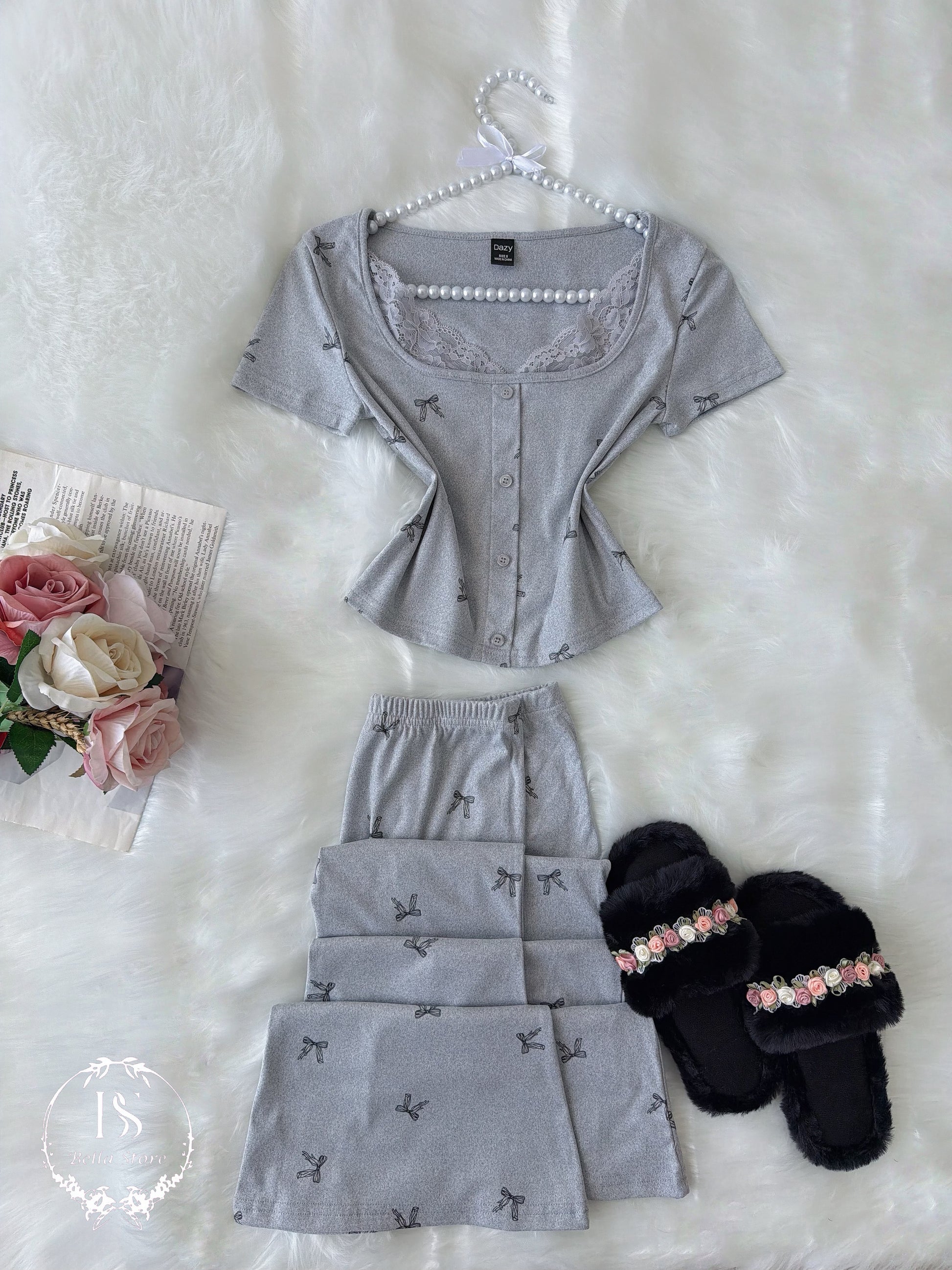 Dazy Grey Small Black Bow Dantel Half sleeve