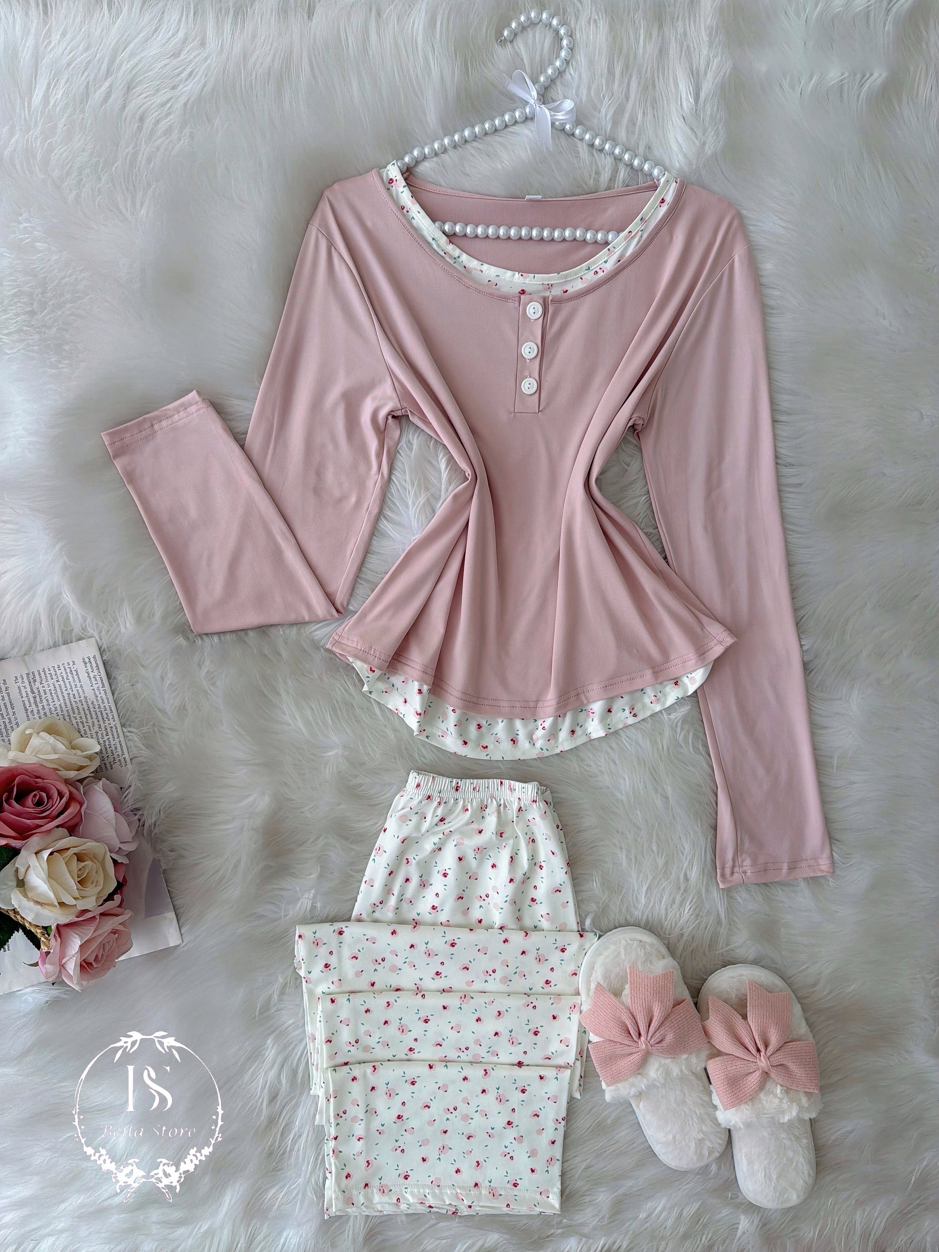 Pink White Small Flower Pijama
