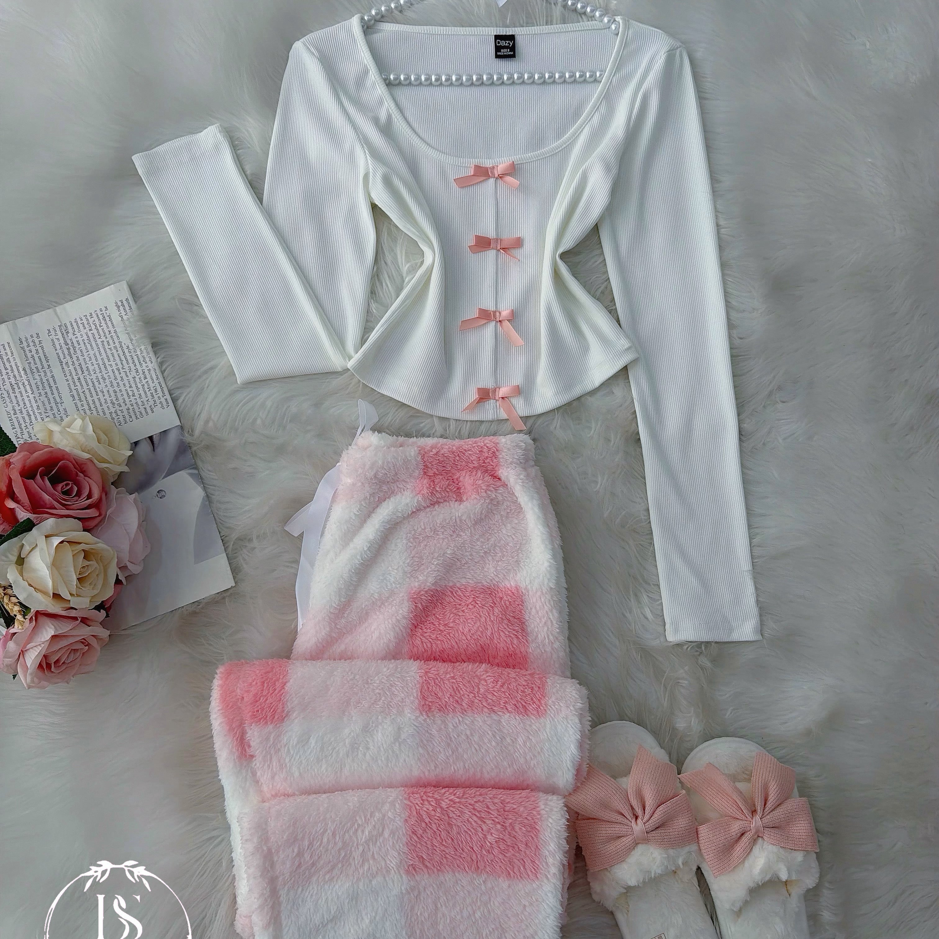 White Small Bow Pink Pijama Winter