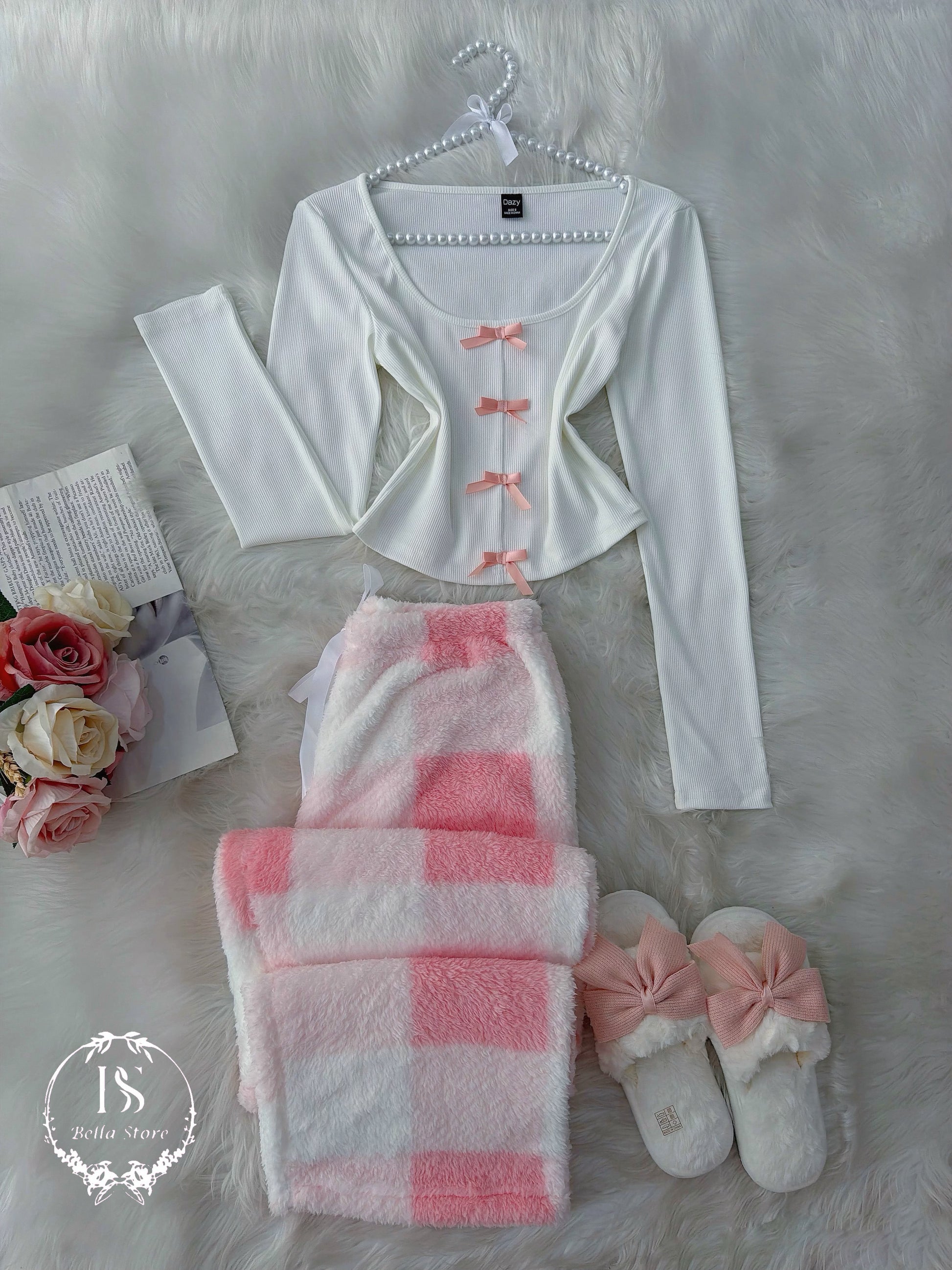 White Small Bow Pink Pijama Winter