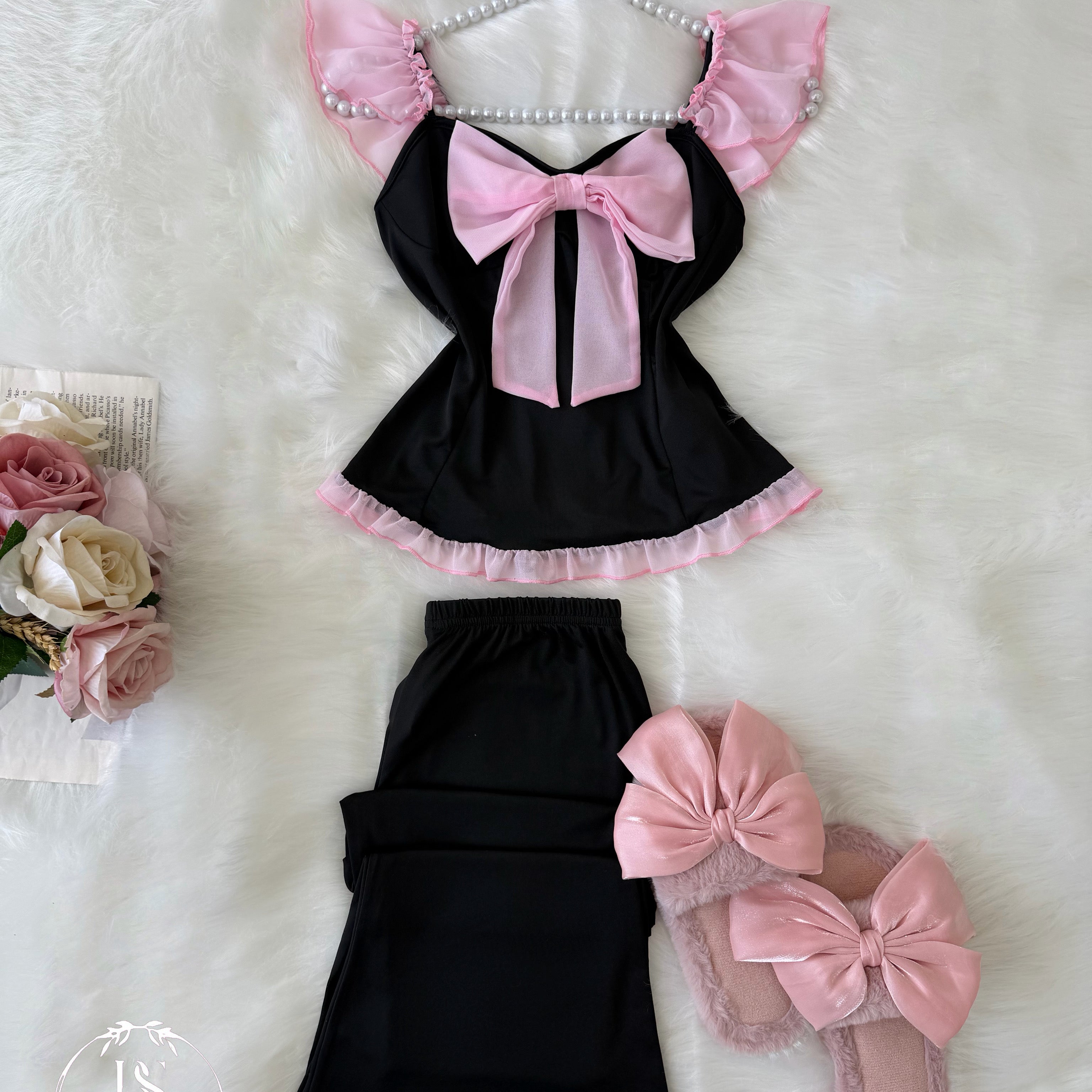 Black Pink Bow Without Sleeve