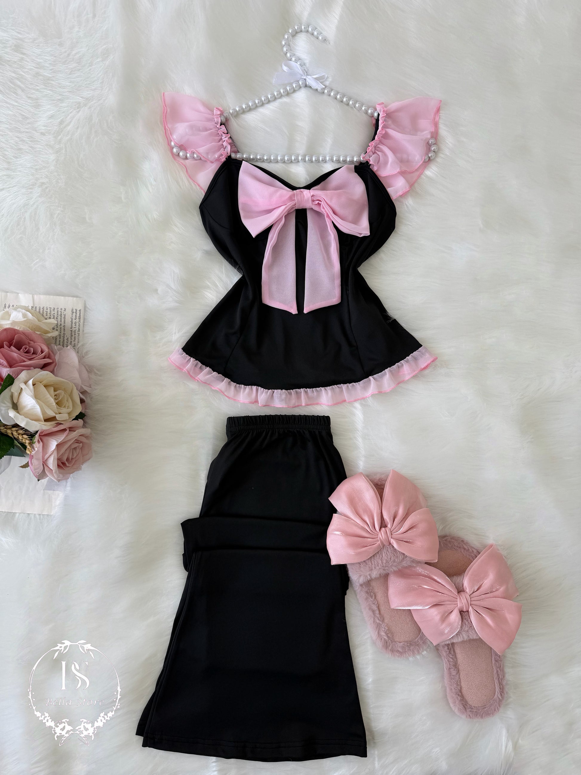 Black Pink Bow Without Sleeve