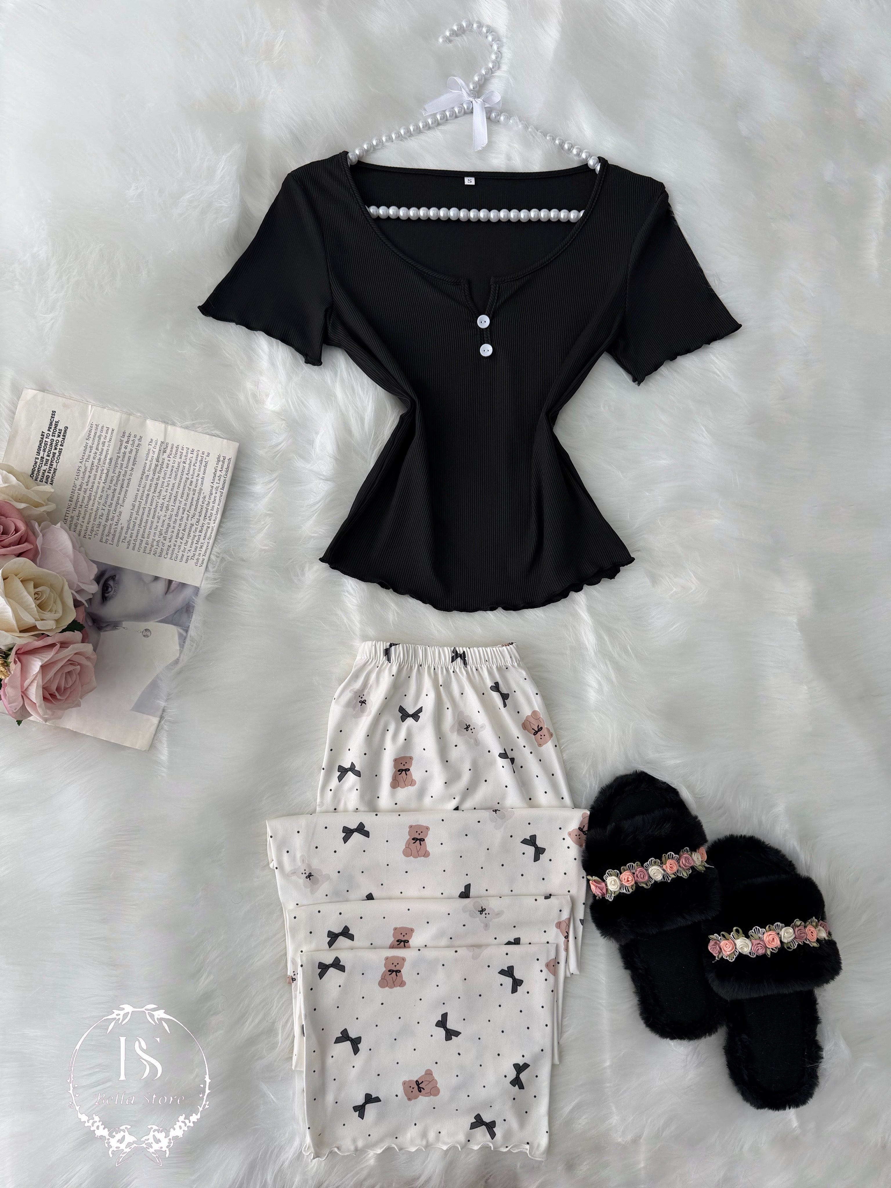 Black White Pijama Small Black Bow