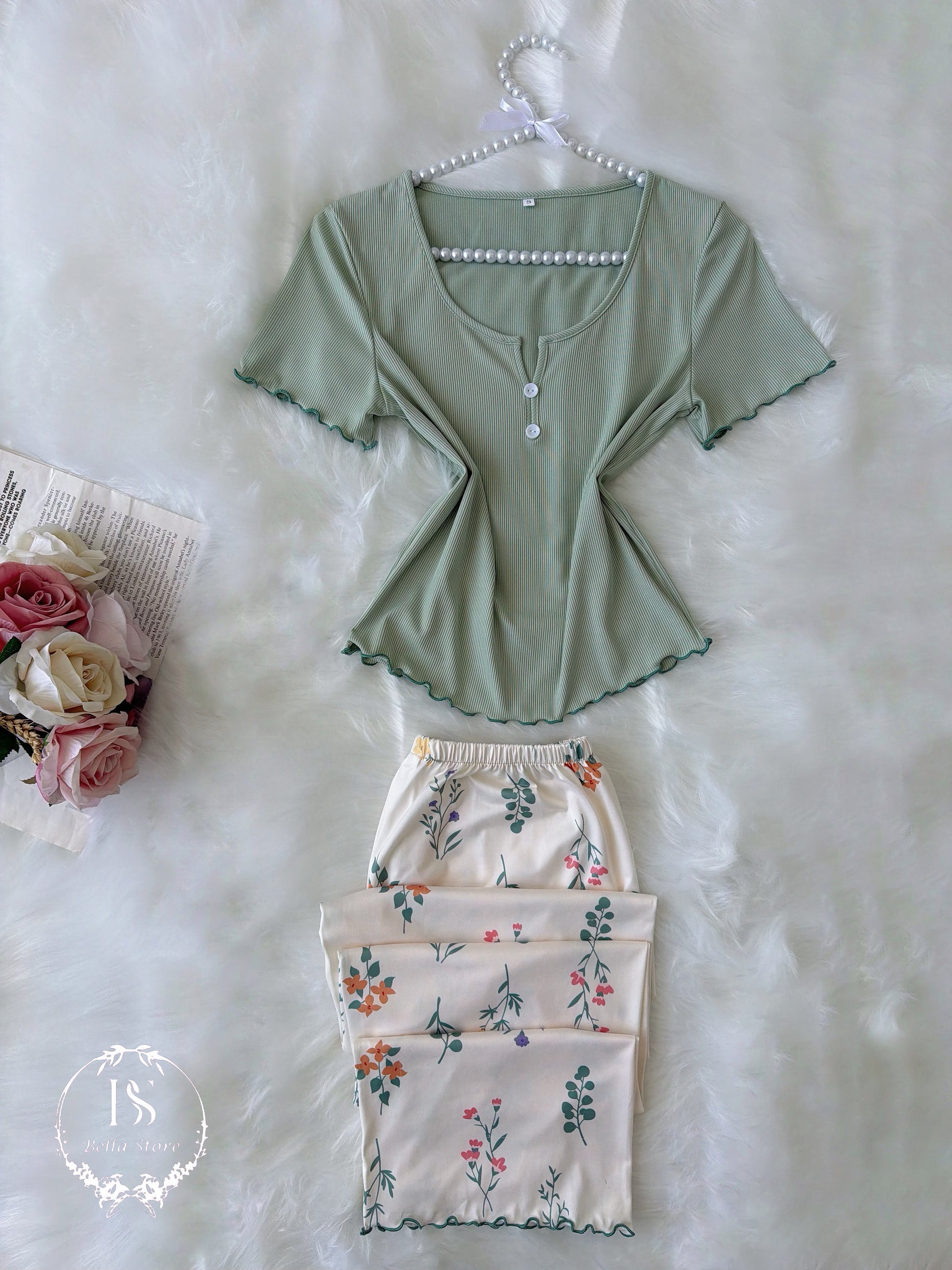 Green Small Flower Pijama Half Sleeve