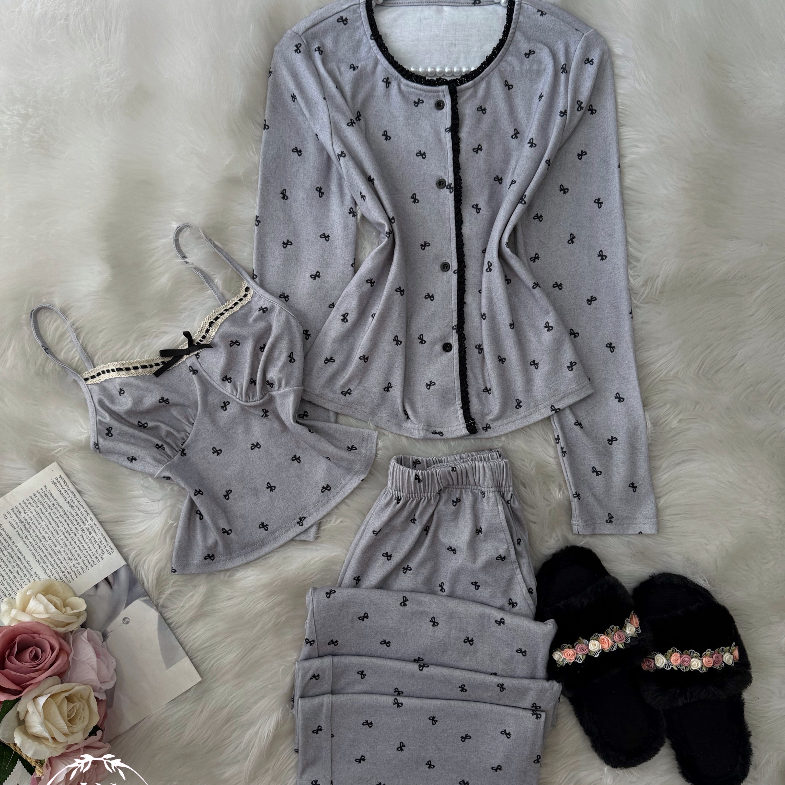 Grey Small Black Bow 3 Pieces