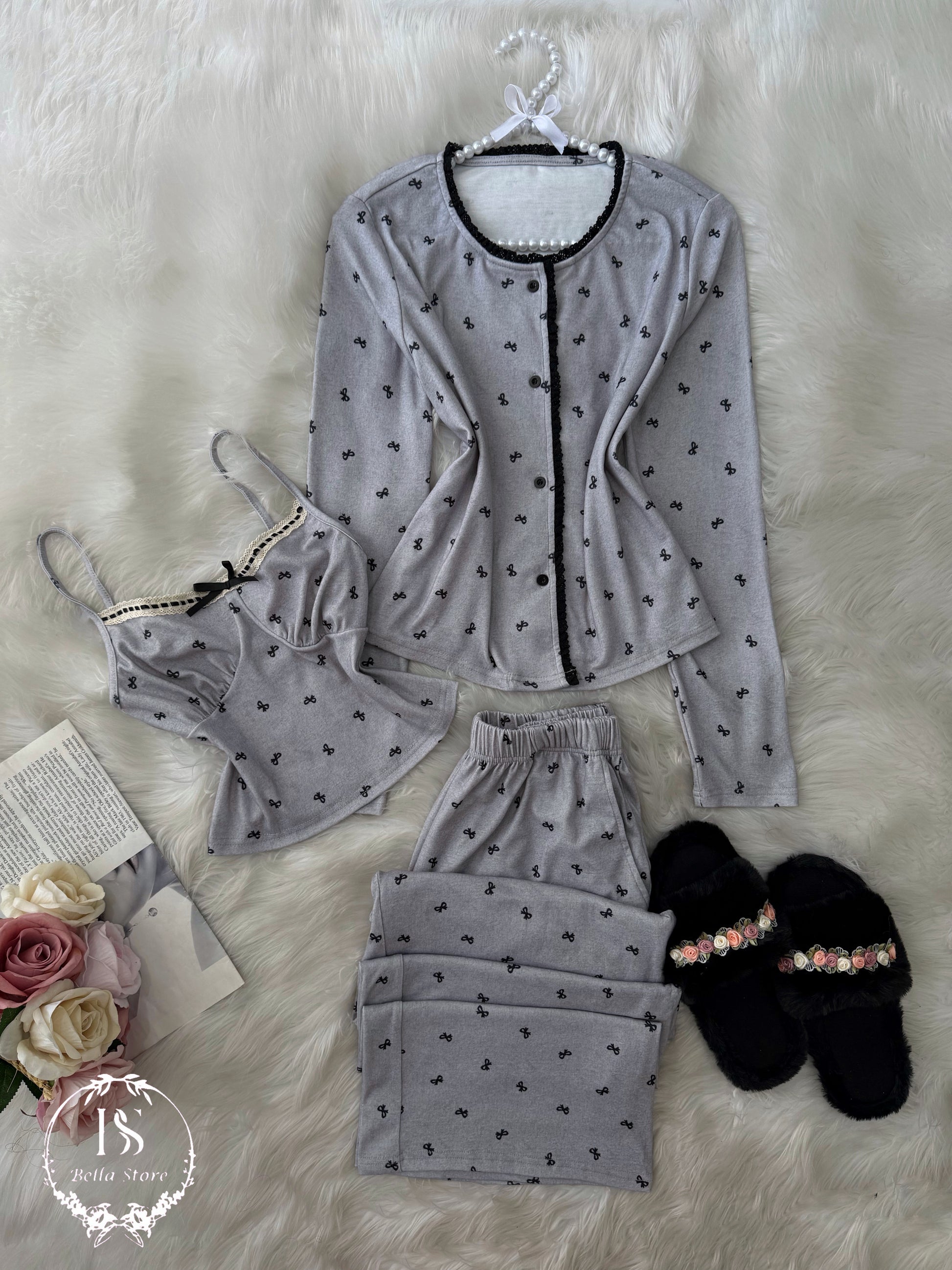 Grey Small Black Bow 3 Pieces