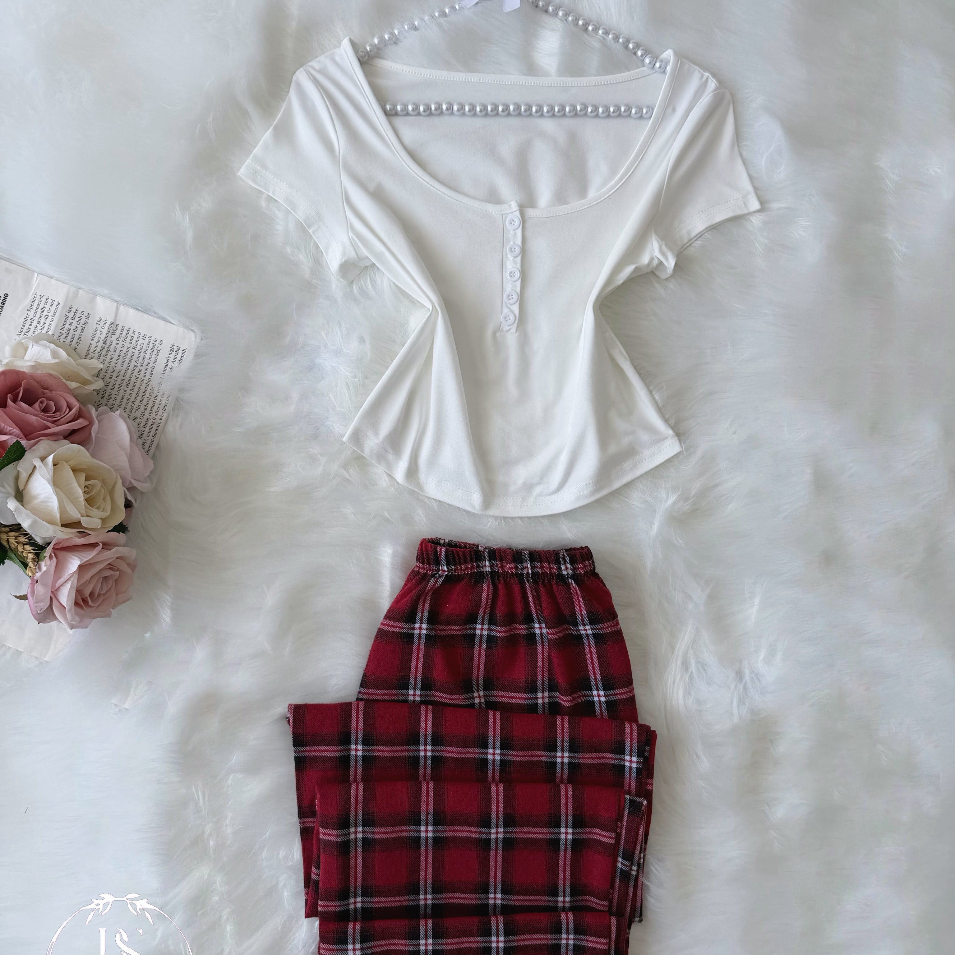 White Red Karohat Pijama Half Sleeve