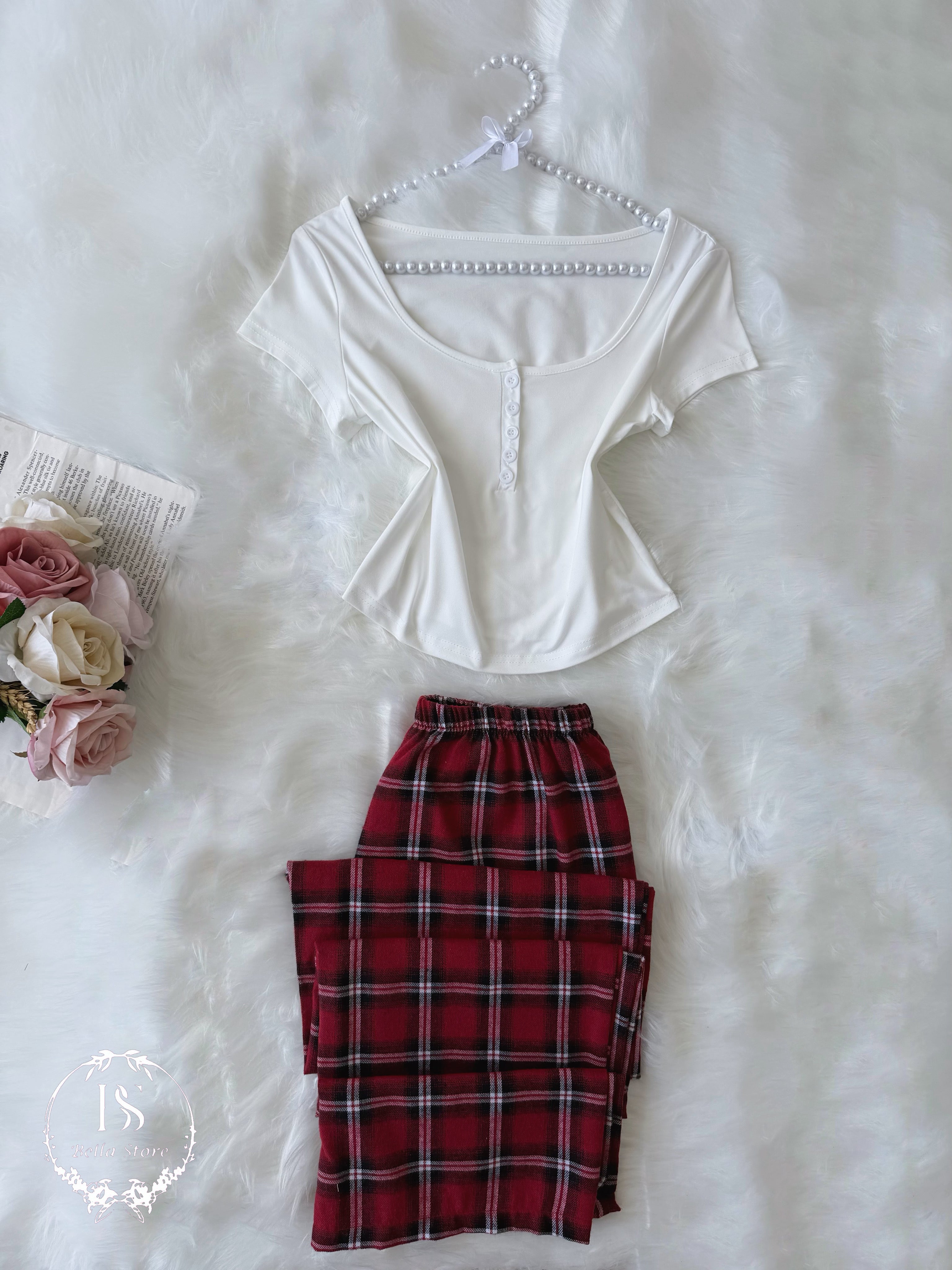 White Red Karohat Pijama Half Sleeve